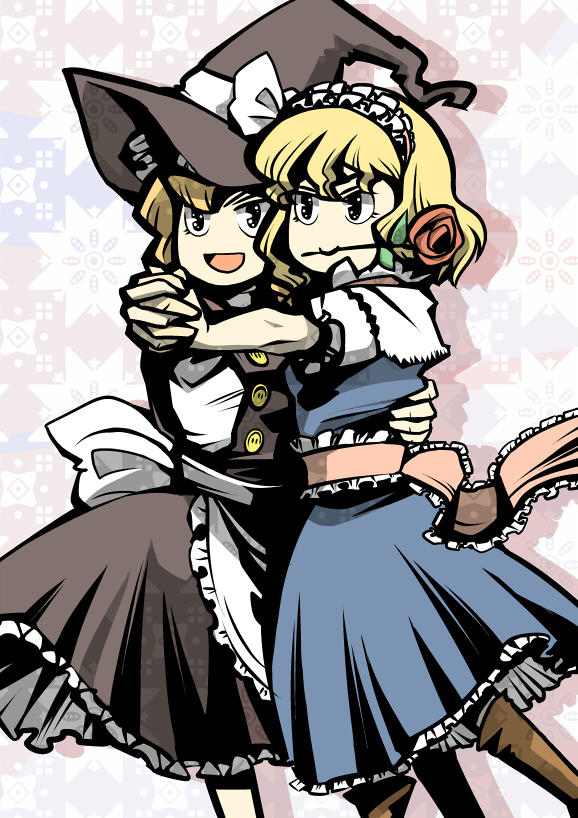 hounori, alice margatroid, kirisame marisa, touhou, bad id, bad pixiv id, 2girls, blonde hair, dancing, female focus, flower, flower in mouth, multiple girls, rose