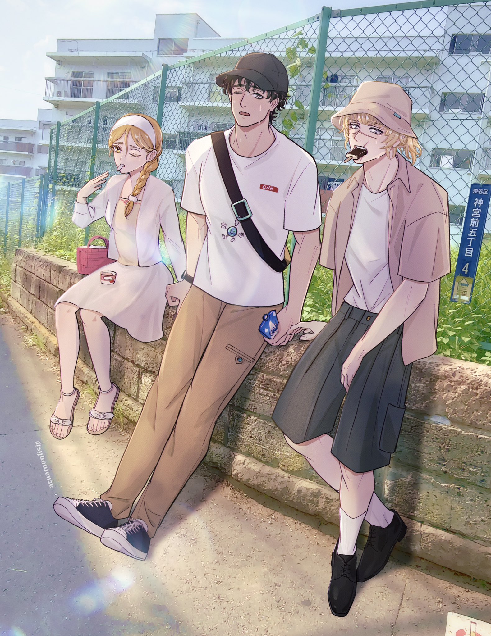 badeni, jolenta, oczy, chi.: chikyuu no undou ni tsuite, highres, 1girl, 2boys, alternate universe, bag, baseball cap, basket, black hair, black hat, black shoes, blonde hair, braid, breasts, brick wall, chain-link fence, collared shirt, contemporary, crossed bangs, dress, fanning self, fence, food in mouth, full body, grey hair, grey shirt, grey shorts, hair between eyes, hair over shoulder, hairband, hat, hot, ice cream bar, jacket, medium breasts, medium hair, multiple boys, one eye closed, parted lips, ponytail, retaining wall, sandals, scar, scar on face, scar on mouth, scar on nose, shirt, shirt under shirt, shoes, short hair, short ponytail, shorts, shoulder bag, single braid, sitting, sneakers, socks, sweat, syuoutenze, t-shirt, twitter username, watch, white dress, white hairband, white jacket, white shirt, white socks, wristwatch