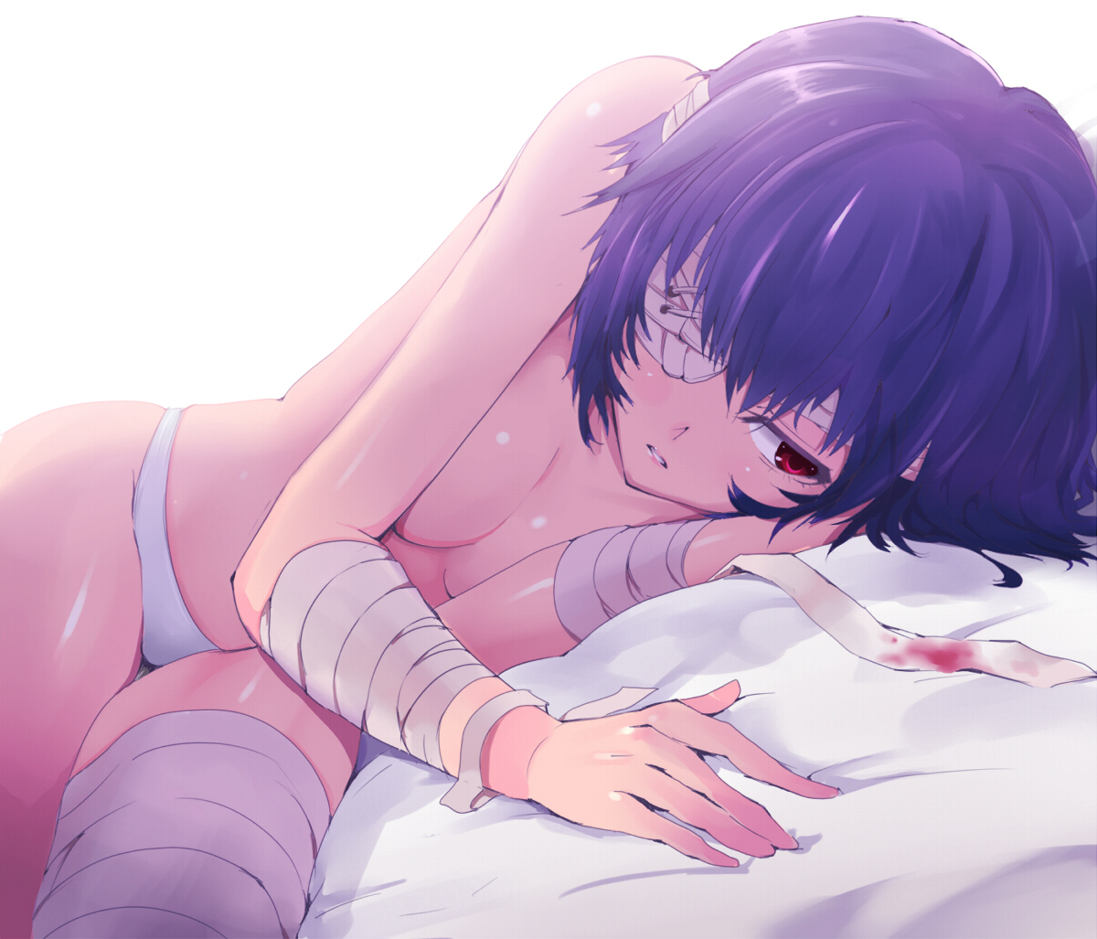 kasai shin, ayanami rei, neon genesis evangelion, 1girl, bandage over one eye, bandages, bed, blood, blue hair, breasts, cleavage, expressionless, female focus, lying, on side, panties, pillow, red eyes, short hair, solo, topless female, underwear, underwear only, white panties