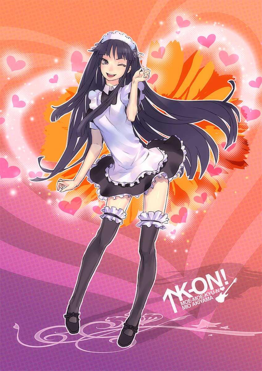 redjuice, akiyama mio, k-on!, highres, 00s, 1girl, alternate costume, apron, black eyes, black hair, black thighhighs, dress, enmaided, female focus, frilled thighhighs, frills, hair ornament, heart, laughing, legs, lipstick, long hair, maid, maid apron, maid headdress, makeup, moe moe kyun!, one eye closed, open mouth, round teeth, shoes, short dress, smile, solo, standing, teeth, thighhighs, very long hair, wink, zettai ryouiki