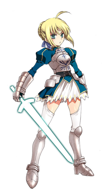 artoria pendragon (fate), saber (fate), fate/stay night, fate (series), 00s, 1girl, :o, adapted costume, ahoge, aqua eyes, armor, armored dress, blonde hair, dress, female focus, glowing, glowing sword, glowing weapon, hair ornament, hair ribbon, long hair, miniskirt, ribbon, sidelocks, simple background, skirt, solo, standing, sword, thighhighs, weapon, white thighhighs, zettai ryouiki