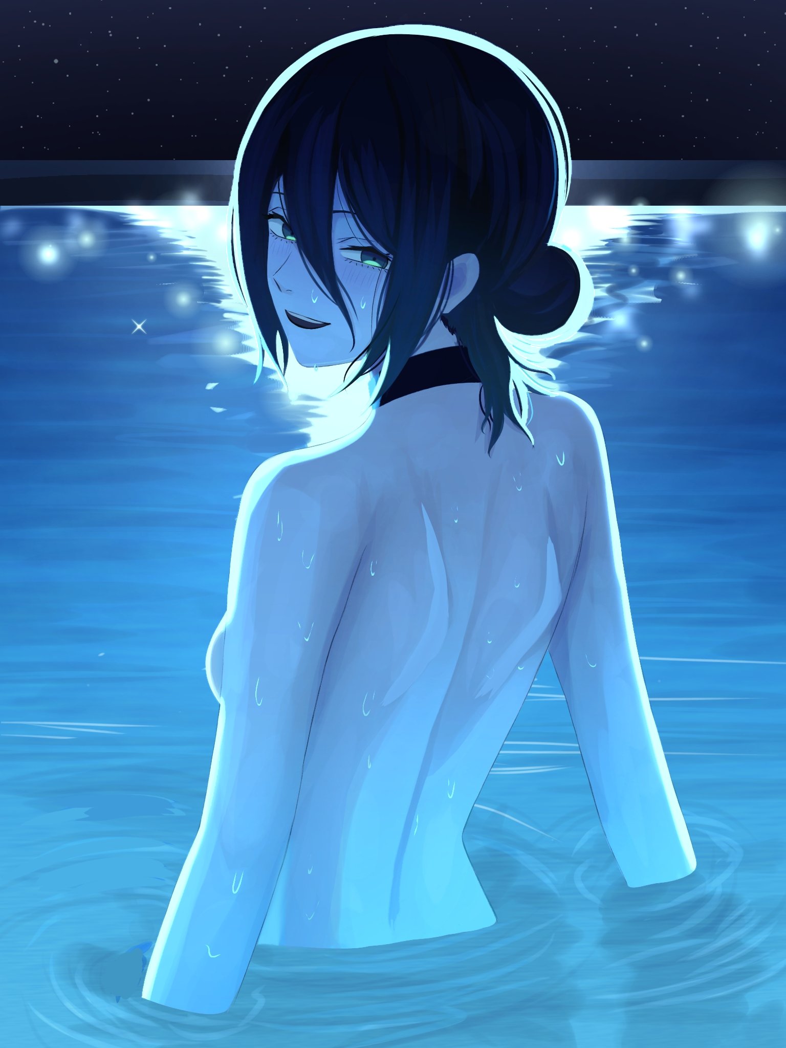 mccheese, reze (chainsaw man), chainsaw man, highres, 1girl, black choker, black hair, breasts, choker, green eyes, hair between eyes, hair bun, looking back, night, nude, open mouth, outdoors, partially submerged, small breasts, solo, wet
