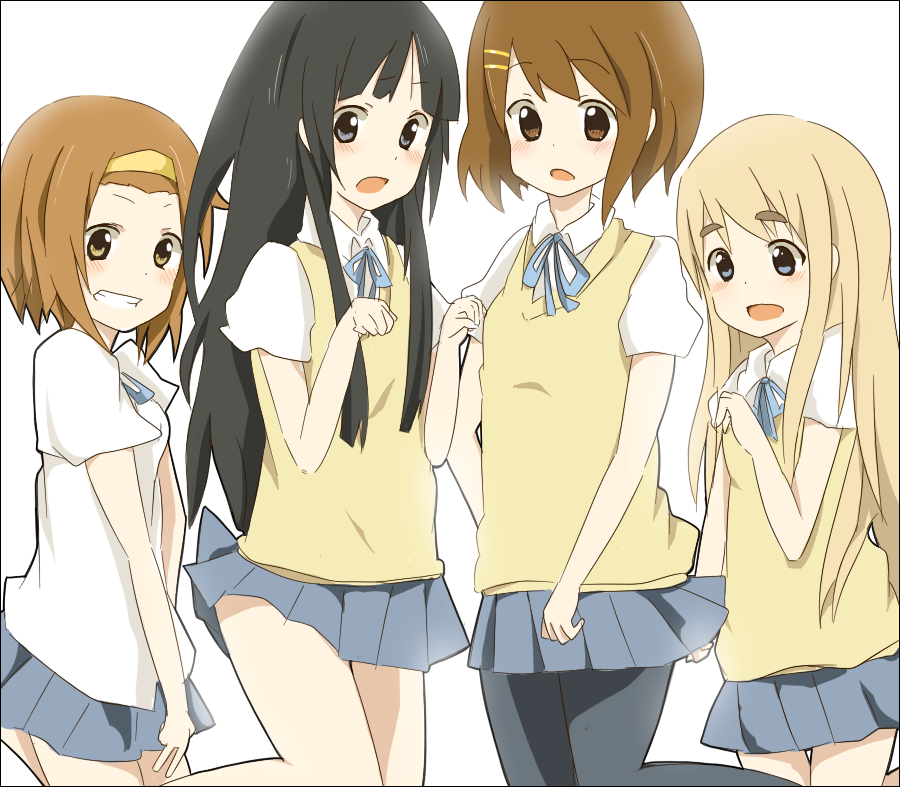 mono (recall), akiyama mio, hirasawa yui, kotobuki tsumugi, tainaka ritsu, k-on!, bad id, bad pixiv id, 00s, 4girls, :o, black hair, blonde hair, blue eyes, blush, brown eyes, clothes lift, hair ornament, hairband, hairclip, ho-kago tea time, long hair, miniskirt, multiple girls, open mouth, pantyhose, pleated skirt, ribbon, school uniform, short hair, simple background, skirt, skirt lift, standing, surprised, sweater, sweater vest, vest