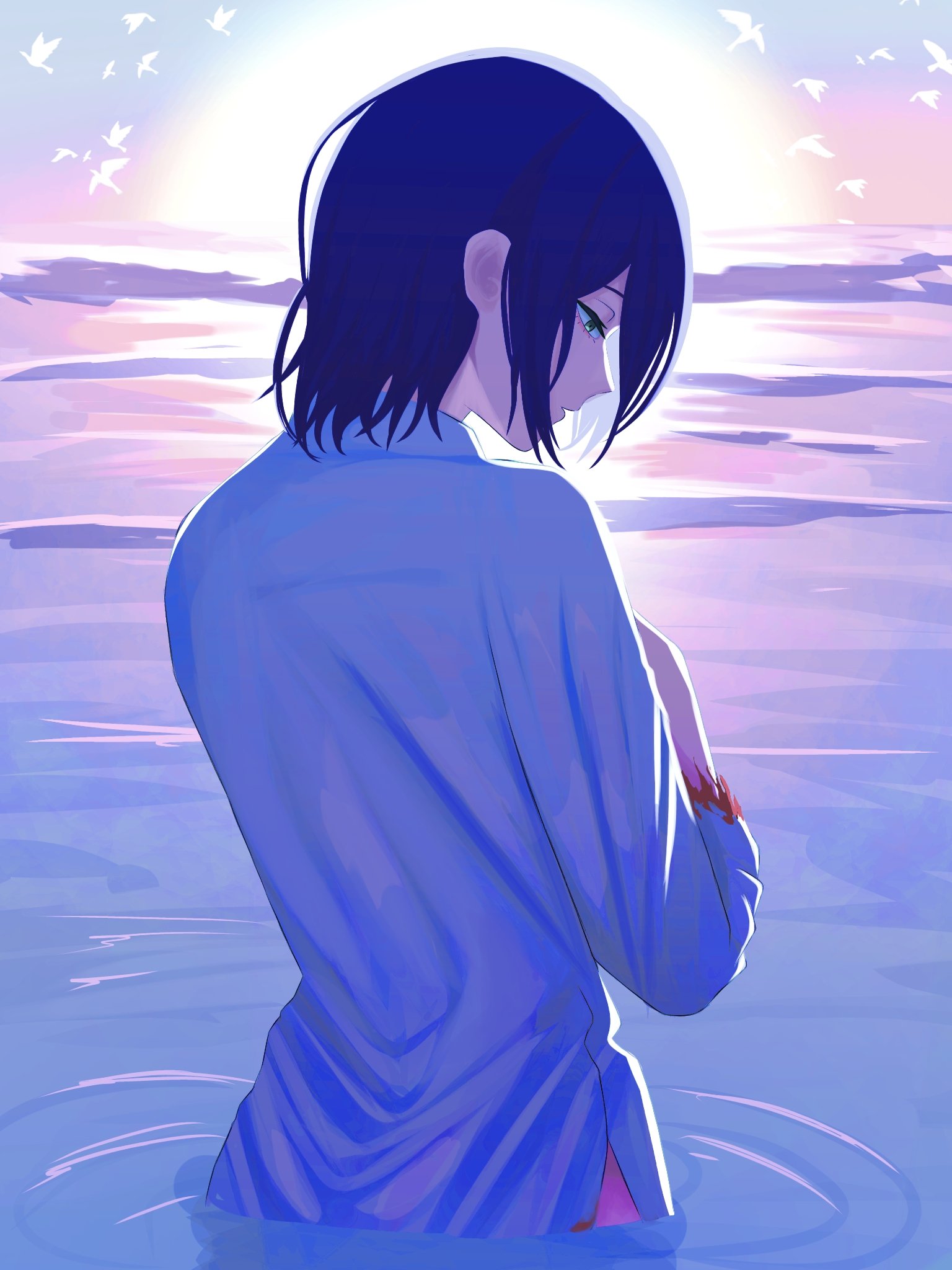 mccheese, reze (chainsaw man), chainsaw man, highres, 1girl, blood, blood on clothes, blue hair, green eyes, looking down, medium hair, morning, ocean, partially submerged, shirt, simple bird, solo, torn clothes, torn sleeves, white shirt