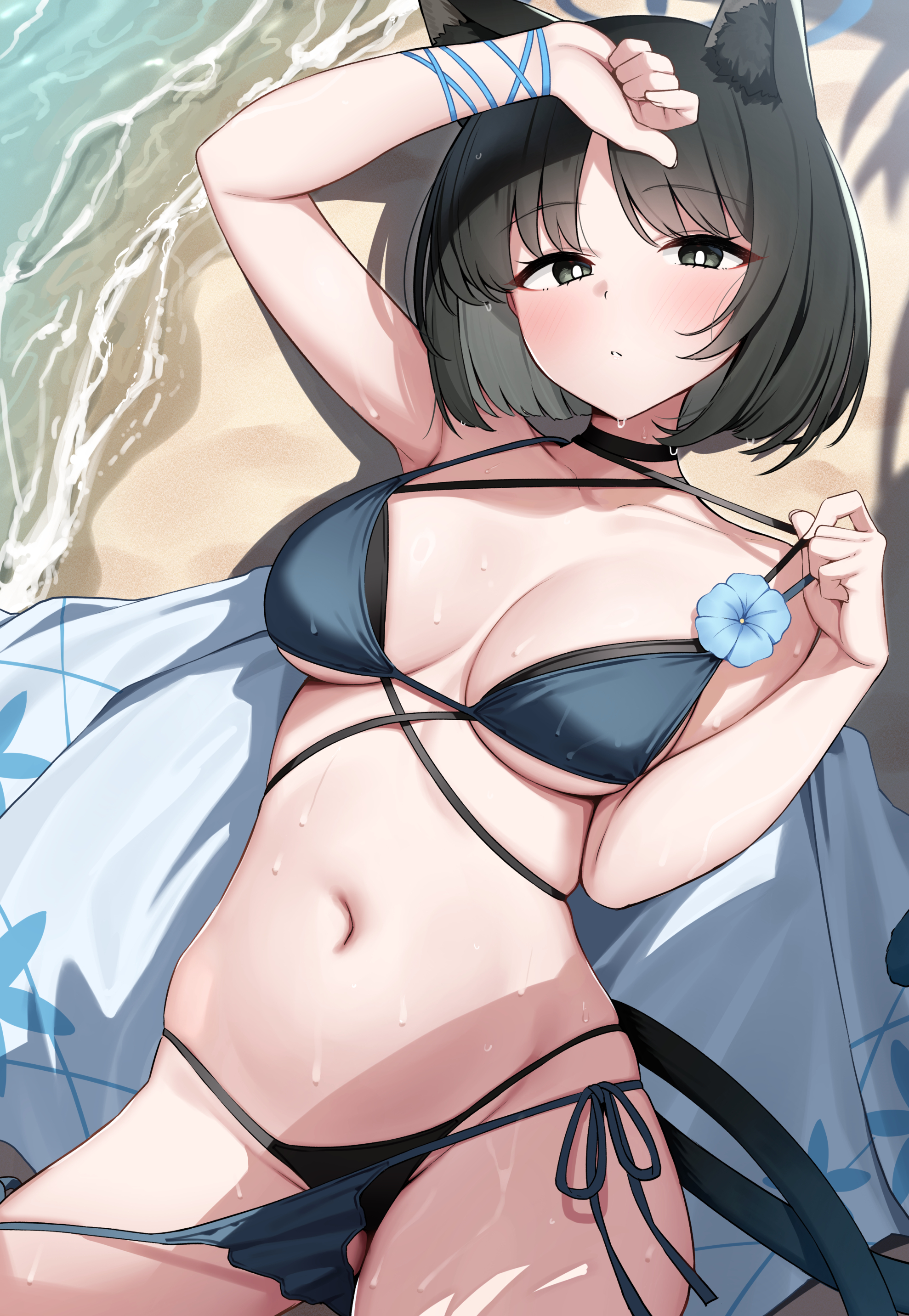 suiroh (shideoukami), kikyou (blue archive), blue archive, 1girl, :o, animal ears, arm up, beach, black hair, breasts, bright pupils, cat ears, cat girl, extra tails, flower, medium breasts, navel, ocean, panties, sand, sweat, swimsuit, tail, underwear, water, white pupils