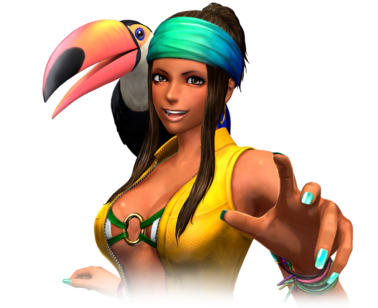 zarina, the king of fighters, 1girl, breasts, brown eyes, brown hair, dancer, dark-skinned female, dark skin, earrings, female focus, hairband, hands up, jacket, jewelry, large breasts, long hair, looking at viewer, ring, smile, smiley face, tan, tanline, unzipped