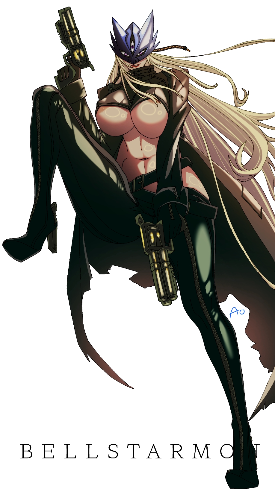 annimeone7, beelstarmon, digimon, highres, 1girl, artist name, black gloves, blonde hair, breasts, character name, cropped jacket, digimon (creature), female focus, full body, gloves, gun, high heels, holding, holding gun, holding weapon, jacket, large breasts, leather, leather jacket, leather pants, leg up, long hair, looking at viewer, mask, navel, pants, purple eyes, simple background, stomach, third eye, underboob, weapon, white background