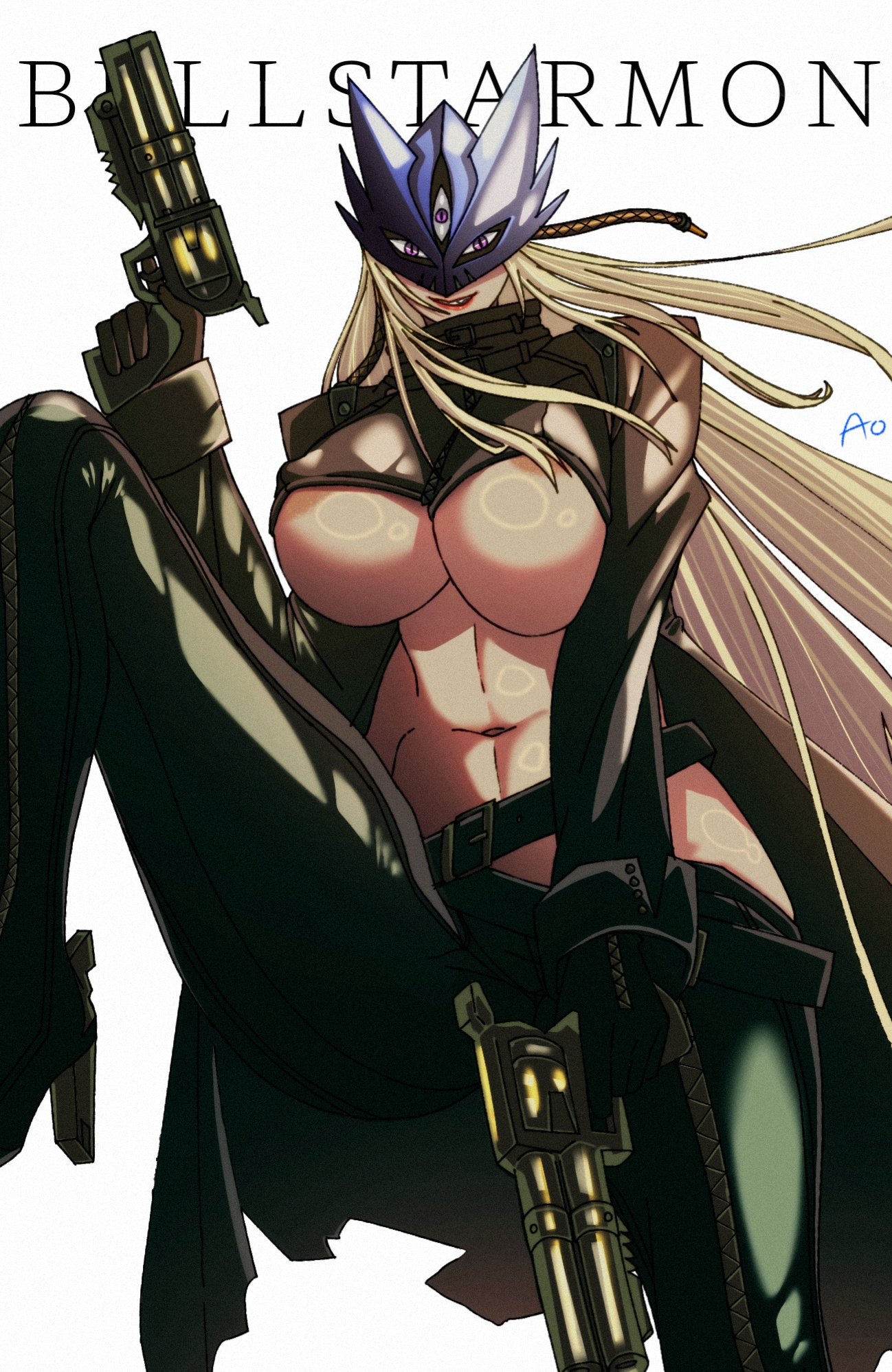 annimeone7, beelstarmon, digimon, highres, 1girl, artist name, black gloves, blonde hair, breasts, character name, cropped jacket, digimon (creature), female focus, gloves, gun, high heels, holding, holding gun, holding weapon, jacket, large breasts, leather, leather jacket, leather pants, leg up, long hair, looking at viewer, mask, navel, pants, purple eyes, simple background, stomach, third eye, underboob, weapon, white background