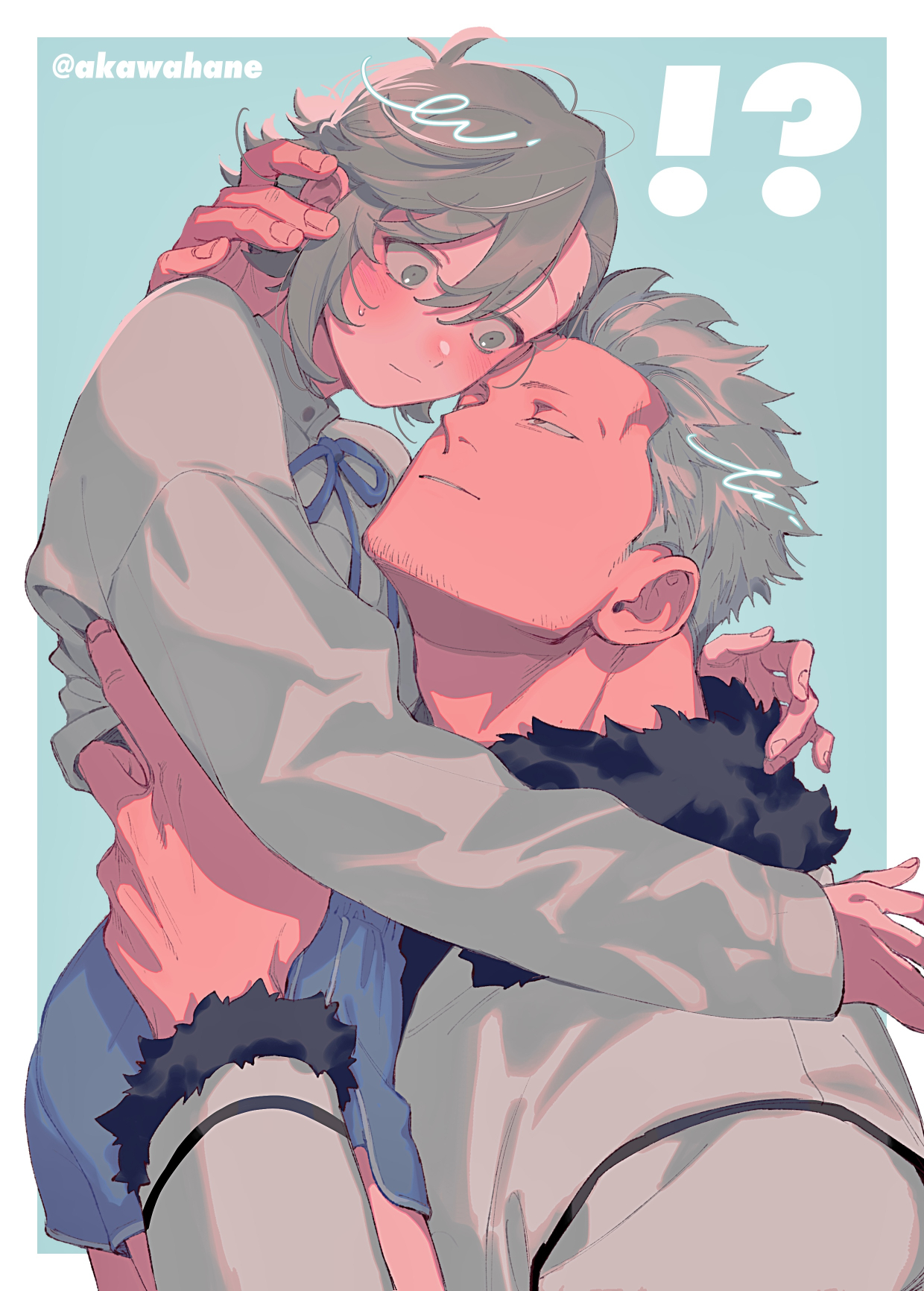 kabane (rjev8385), smoker (one piece), one piece, original, commentary request, highres, !?, 1boy, 1girl, asymmetrical bangs, blue background, blue ribbon, blue shorts, blush, border, closed mouth, couple, dolphin shorts, eye contact, facial hair, fur-trimmed jacket, fur trim, goatee stubble, grey eyes, grey hair, hand on another's head, hetero, jacket, jitome, lifting person, long sleeves, looking at another, looking at viewer, neck ribbon, oc x canon, outside border, parted lips, ribbon, shirt, short hair, shorts, small sweatdrop, stubble, swept bangs, twitter username, white border, white jacket, white shirt