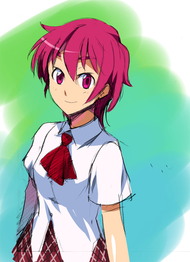 andou shuki, mochizuki haruna, battle moon wars, werk, bad id, bad pixiv id, 1girl, dress shirt, female focus, miniskirt, necktie, pink eyes, pink hair, plaid clothes, plaid skirt, purple eyes, purple hair, shirt, short hair, skirt, smile, solo, standing