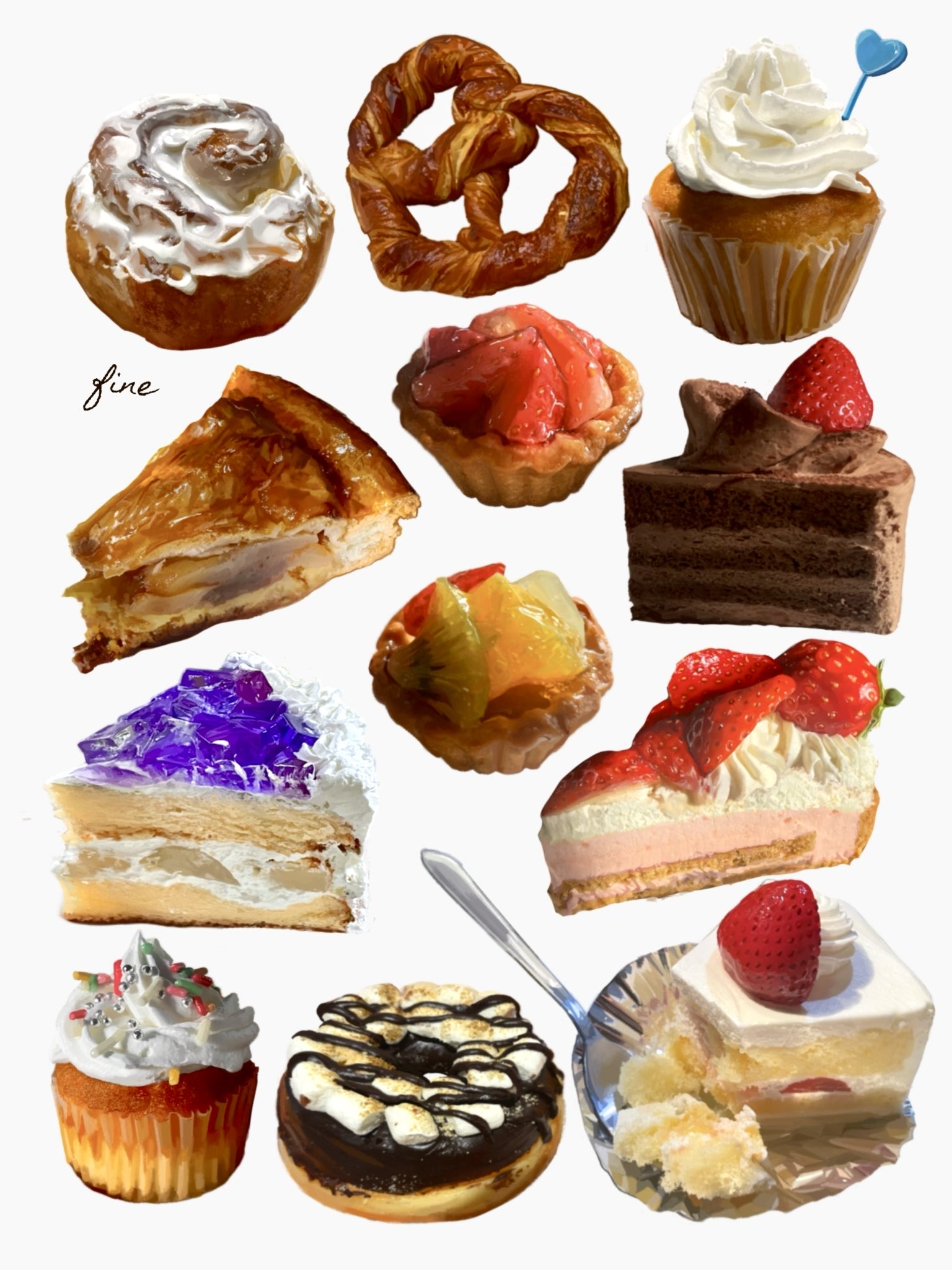fine 9725, original, highres, cake, cake slice, chocolate cake, chocolate icing, chocolate syrup, cupcake, donut, food, food focus, fruit, fruit tart, icing, pastry, pie, pie slice, pretzel, simple background, strawberry, strawberry tart, tart (food), whipped cream, white background