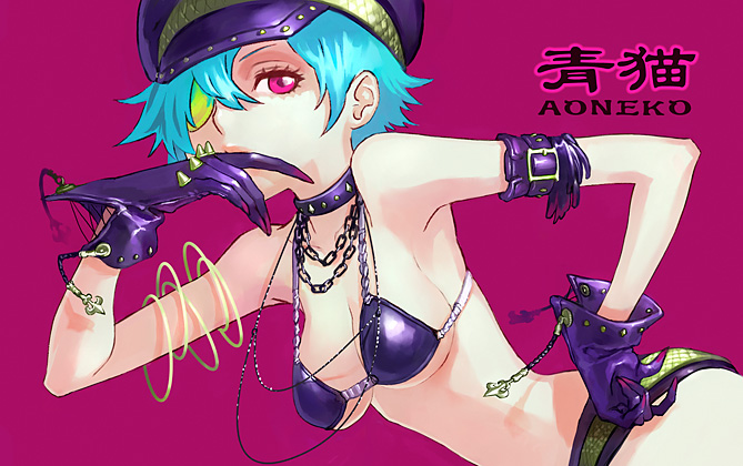kerokero saito, bikini, bikini top only, blue hair, chain, collar, eyepatch, gloves, hand on own hip, hat, hip focus, jewelry, necklace, purple bikini, red eyes, solo, swimsuit