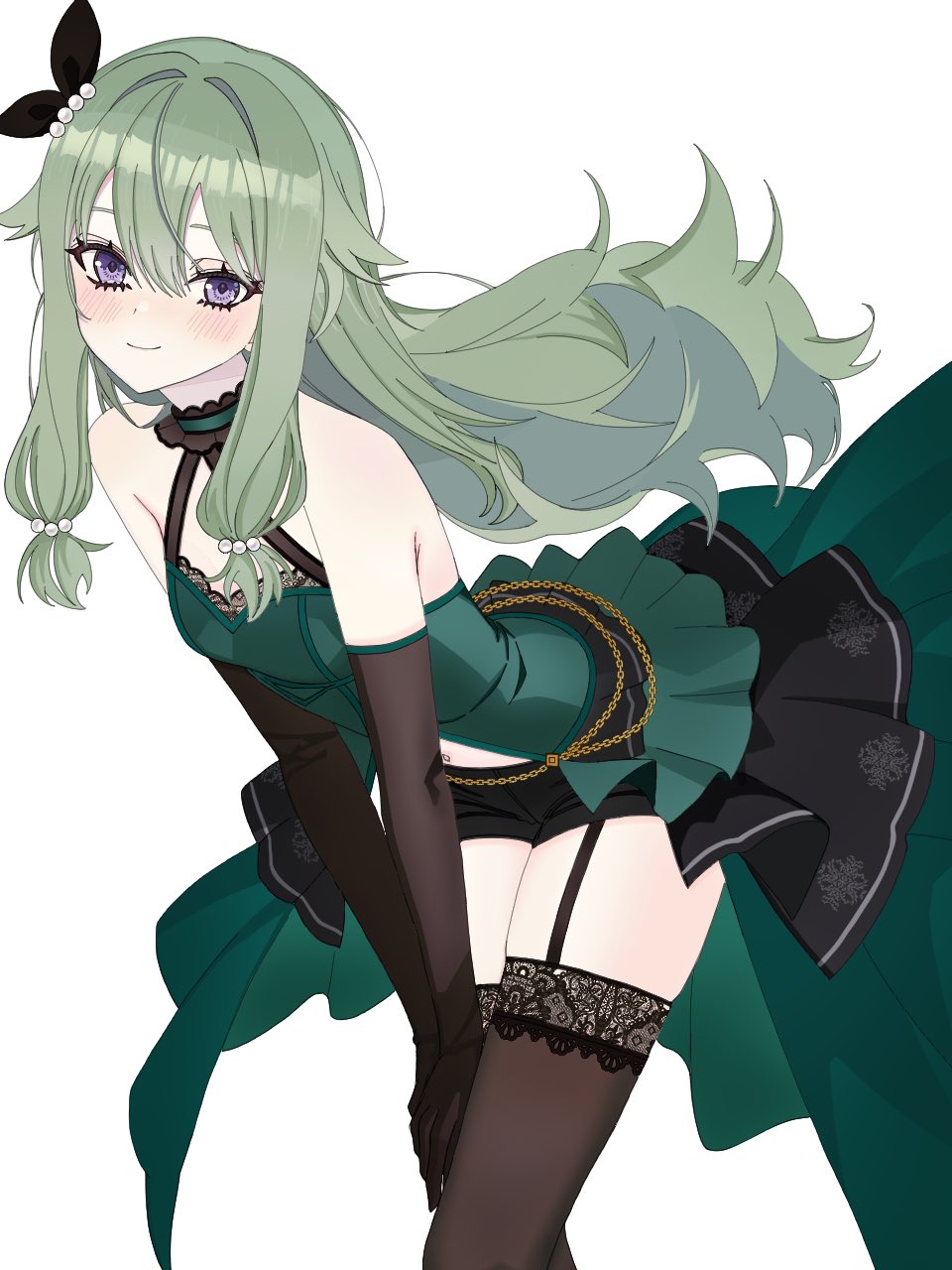 rea 0523, kusanagi nene, project sekai, commentary, highres, symbol-only commentary, 1girl, alternate costume, bare shoulders, black bow, black gloves, black shorts, black thighhighs, blush, bow, breasts, choker, closed mouth, cowboy shot, crotch seam, double-parted bangs, dress, elbow gloves, eyelashes, frilled choker, frills, garter straps, gloves, green choker, green dress, green hair, hair between eyes, hair bow, hair flaps, halter dress, halterneck, hands on own thigh, hands on own thighs, lace, lace-trimmed dress, lace-trimmed thighhighs, lace trim, leaning forward, long hair, long sidelocks, low-tied sidelocks, micro shorts, midriff peek, navel, pearl hair ornament, purple eyes, shorts, showgirl skirt, sidelocks, simple background, skindentation, small breasts, smile, solo, standing, thighhighs, thighs, white background