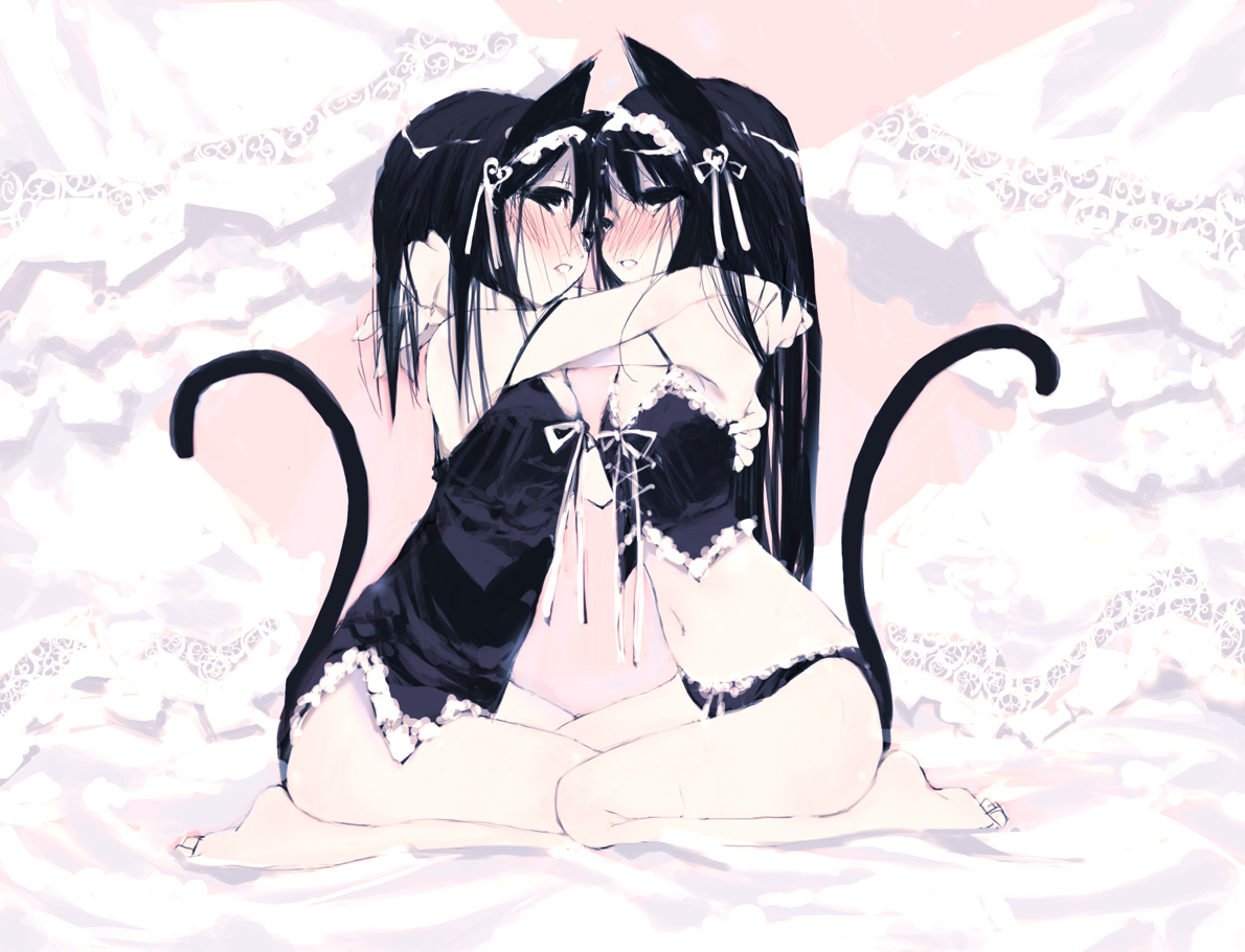 ganges gawa, ganges river, 2girls, animal ears, bare legs, barefoot, black hair, blush, camisole, cat ears, cat tail, chemise, hug, long hair, multiple girls, panties, seiza, short hair, sitting, strap slip, tail, underwear, yuri