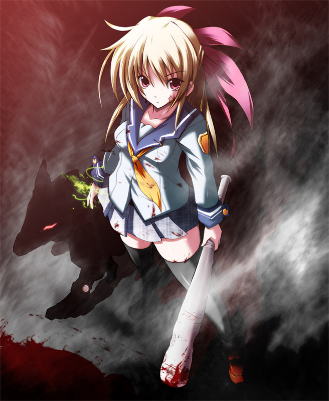 nanairo souga, souga nanairo, original, baseball bat, black thighhighs, blonde hair, blood, foreshortening, from above, hair ornament, hair ribbon, long hair, looking up, miniskirt, pink eyes, plaid clothes, plaid skirt, pleated skirt, ribbon, school uniform, serafuku, shoes, skirt, solo, standing, thighhighs, zettai ryouiki