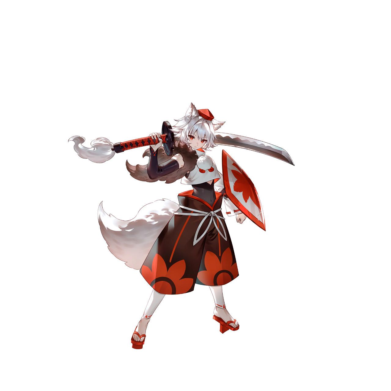 u u zan, inubashiri momiji, touhou, touhou gensou eclipse, game cg, highres, non-web source, official art, second-party source, 1girl, adapted costume, animal ear fluff, animal ears, black pants, closed mouth, covered navel, detached sleeves, full body, geta, grey hair, hat, holding, holding sword, holding weapon, looking at viewer, pants, pom pom (clothes), red eyes, ribbon-trimmed sleeves, ribbon trim, shield, short hair, solo, sword, tail, tengu-geta, toes, tokin hat, transparent background, weapon, wolf ears, wolf girl, wolf tail