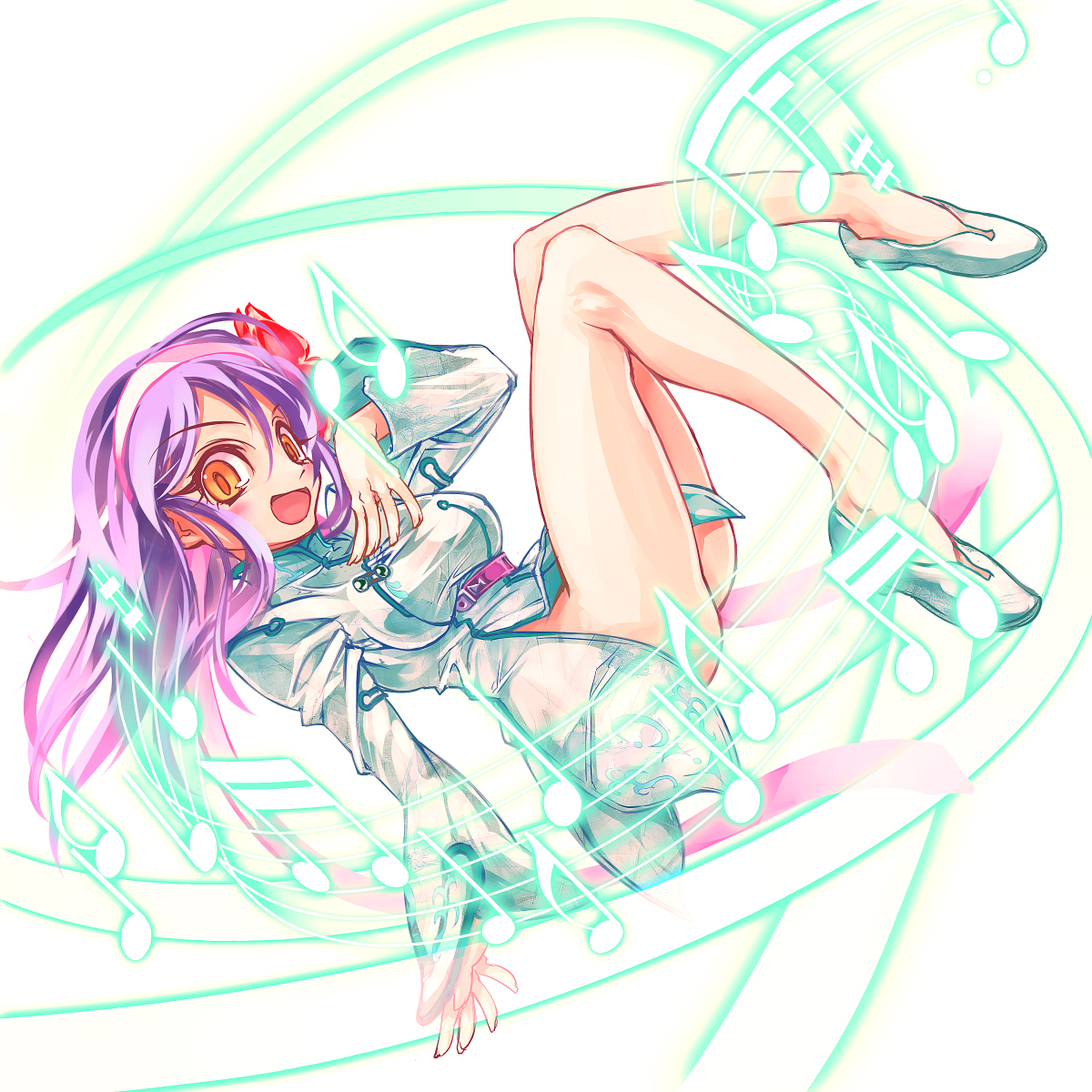 sasa ichi, ryfia, arc rise fantasia, bad id, bad pixiv id, highres, china dress, chinese clothes, dress, flower, hair ornament, hairband, long hair, musical note, no panties, orange eyes, purple hair, solo, yellow eyes