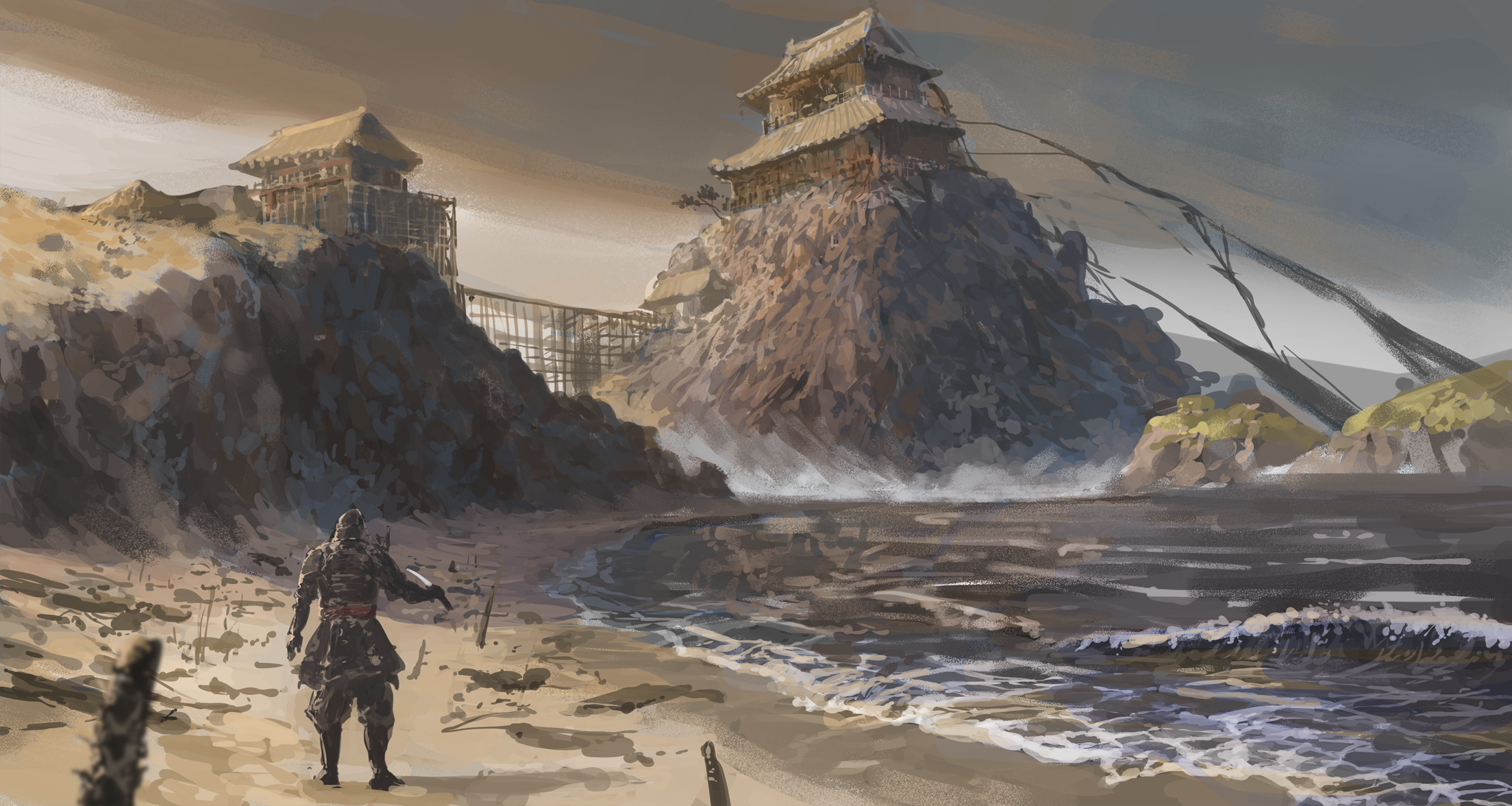 fujidora jp, original, commentary request, highres, 1other, ambiguous gender, architecture, armor, beach, building, day, east asian architecture, full armor, hill, ocean, outdoors, overcast, scenery, sky, standing, waves, wide shot