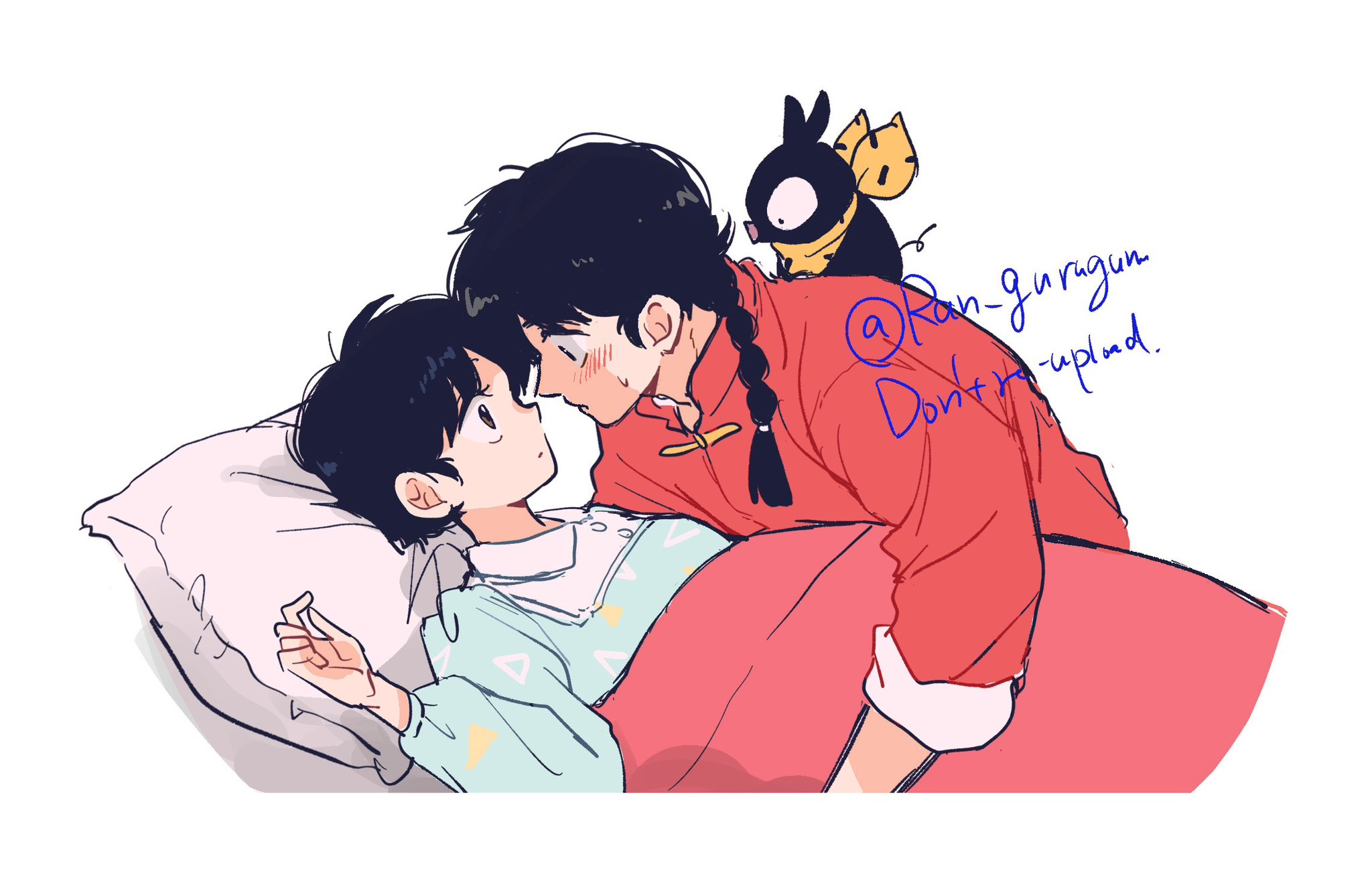 tori (runrunpiia), p-chan, saotome ranma, tendou akane, ranma 1/2, highres, 1boy, 1girl, blue pajamas, blush, braid, breasts, chinese clothes, couple, hair over shoulder, hetero, long hair, looking at another, medium breasts, neckerchief, orange neckerchief, pajamas, parted bangs, pig, pillow, red shirt, shirt, short hair, single braid, sweatdrop, twitter username, under covers, upper body, white background, wide-eyed