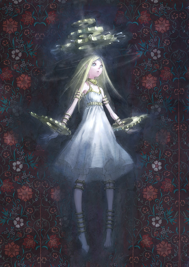 kerokero saito, original, 1girl, bad anatomy, bad feet, barefoot, blonde hair, dress, female focus, floating, floral print, flower, gears, looking up, poorly drawn, solo