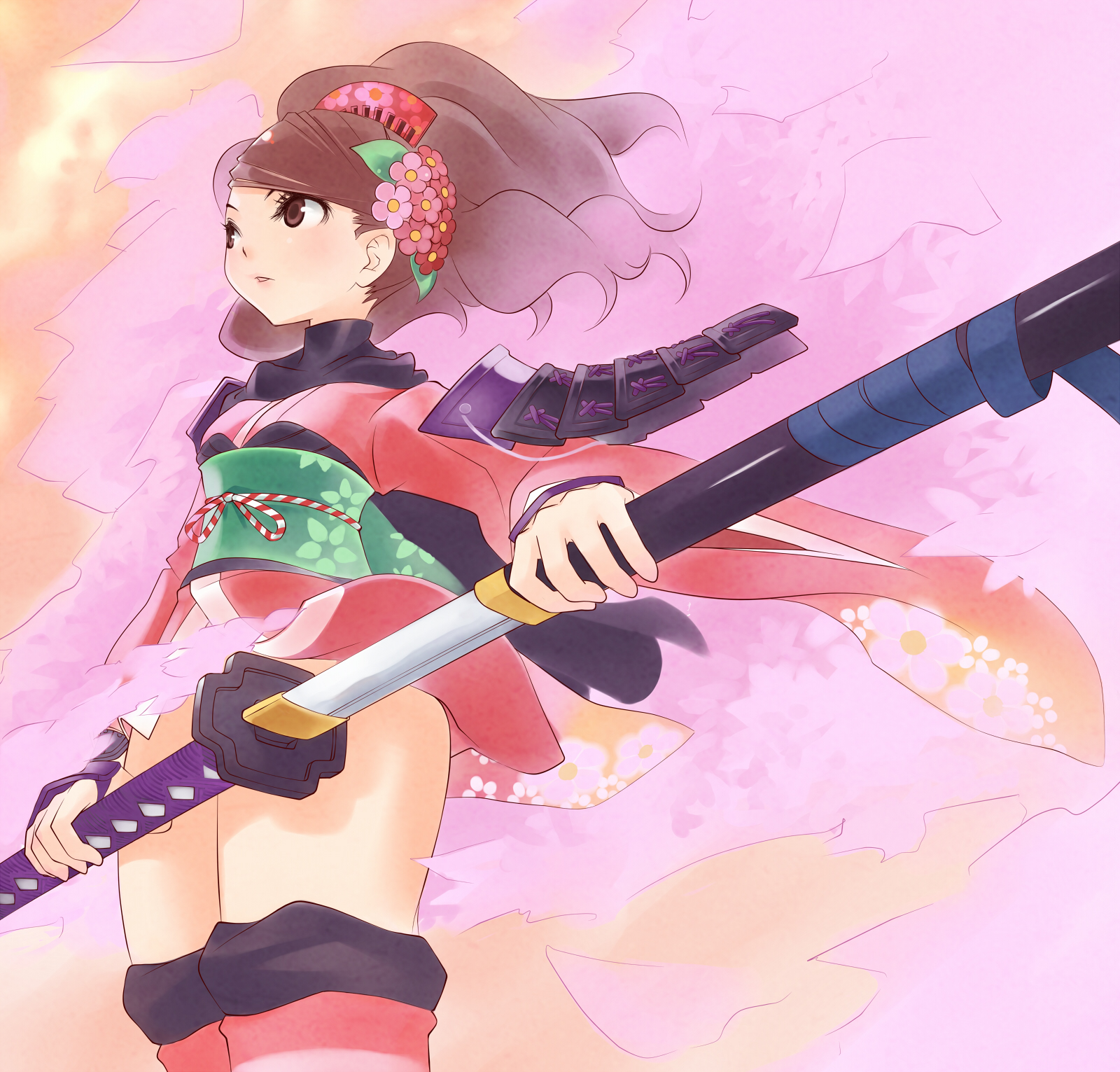 kotetsu motoya, momohime, oboro muramasa, highres, 1girl, armor, brown eyes, brown hair, convenient censoring, female focus, flower, hair ornament, japanese clothes, no panties, sheath, solo, sword, thighhighs, unsheathing, weapon