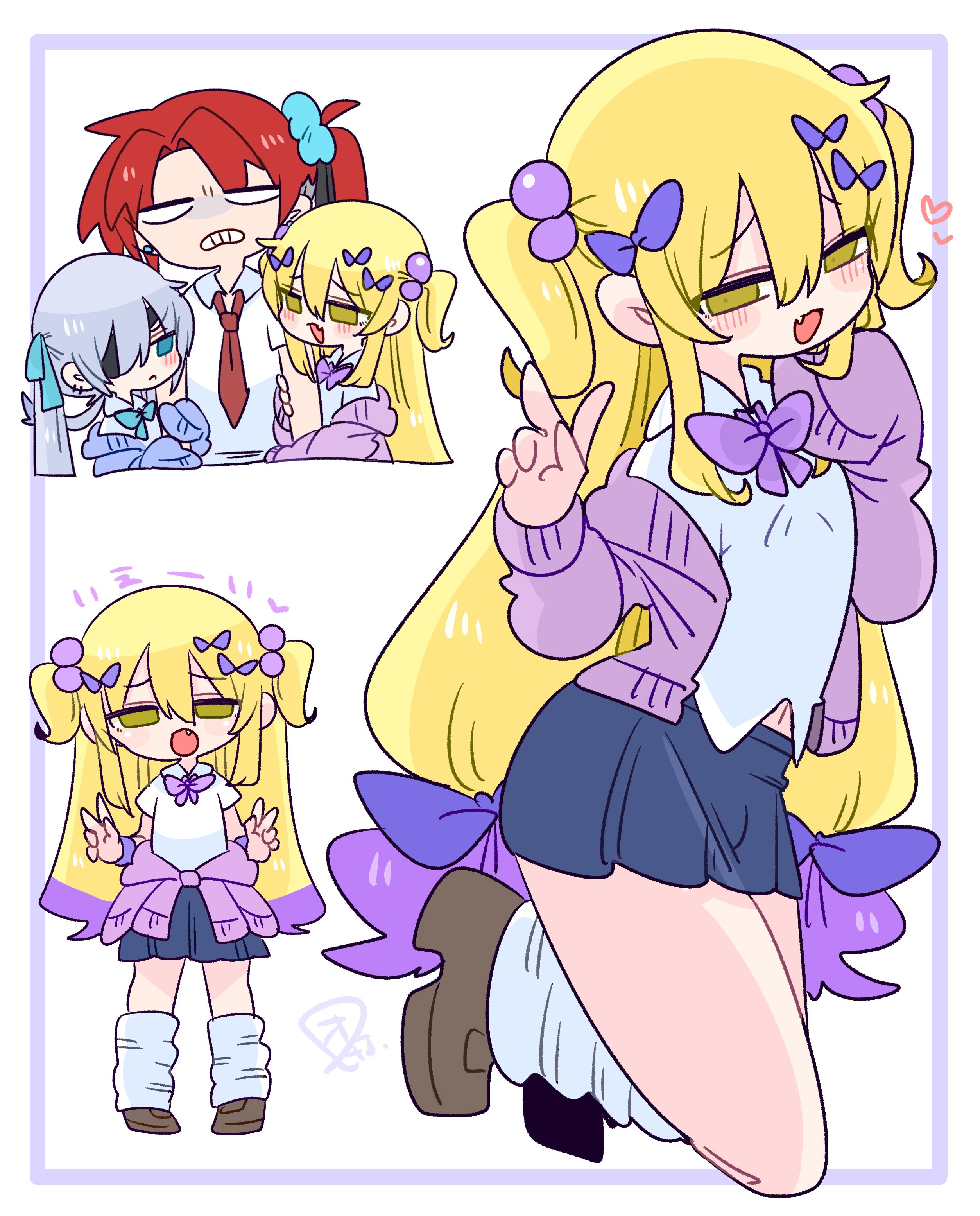 op na yarou, original, absurdres, commentary request, highres, partial commentary, 1boy, 3boys, :o, atopi (op na yarou), beads, black hair, blonde hair, blue bow, blue bowtie, blue cardigan, blue eyes, blue hair, blue scrunchie, blue skirt, blush, bow, bowtie, bracelet, brown shoes, bulge, cardigan, cardigan around waist, closed mouth, clothes around waist, collared shirt, colored tips, crossdressing, crossdressing (mtf), double-parted bangs, double v, earclip, earrings, eyepatch, fang, flipped hair, frown, full body, grabbing another's arm, hair beads, hair between eyes, hair bow, hair ornament, hair scrunchie, hand up, hands up, heart, jewelry, kapela (op na yarou), kneehighs, kneeling, legs apart, light blush, loafers, long hair, long sleeves, looking at viewer, male focus, midriff peek, miniskirt, multicolored hair, multiple boys, multiple hair bows, multiple views, narrowed eyes, navel, necktie, no nose, no pupils, off shoulder, one eye covered, one side up, open cardigan, open clothes, open mouth, parted bangs, pink cardigan, pleated skirt, purple bow, purple bowtie, purple hair, quad tails, raised inner eyebrows, red hair, red necktie, rigel (op na yarou), scrunchie, shirt, shoes, short sleeves, sidelocks, simple background, skin fang, skirt, sleeves past fingers, sleeves past wrists, smug, socks, spiked hair, standing, straight hair, stud earrings, t-shirt, teeth, thighs, trap, two-tone hair, two side up, upper body, v, v-shaped eyebrows, very long hair, watermark, white background, white hair, white shirt, white socks, yellow eyes