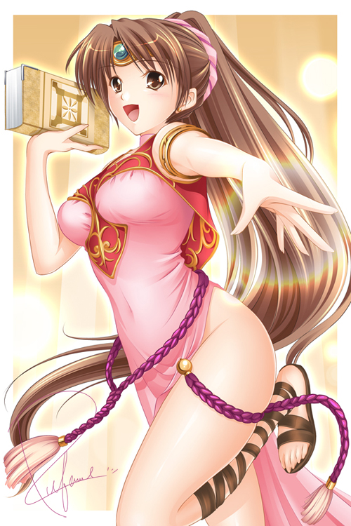 tsubame (minami haruka), linde (fire emblem), fire emblem, fire emblem: mystery of the emblem, fire emblem: shadow dragon, nintendo, bad id, bad pixiv id, 1girl, book, brown eyes, brown hair, circlet, covered navel, feet, female focus, gladiator sandals, long hair, no panties, ponytail, sandals, side slit, solo, tabard
