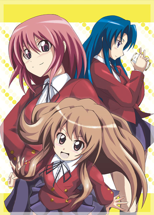 azumaya hironaru, aisaka taiga, kawashima ami, kushieda minori, toradora!, 00s, blue hair, brown eyes, brown hair, pink eyes, pink hair, purple eyes, school uniform