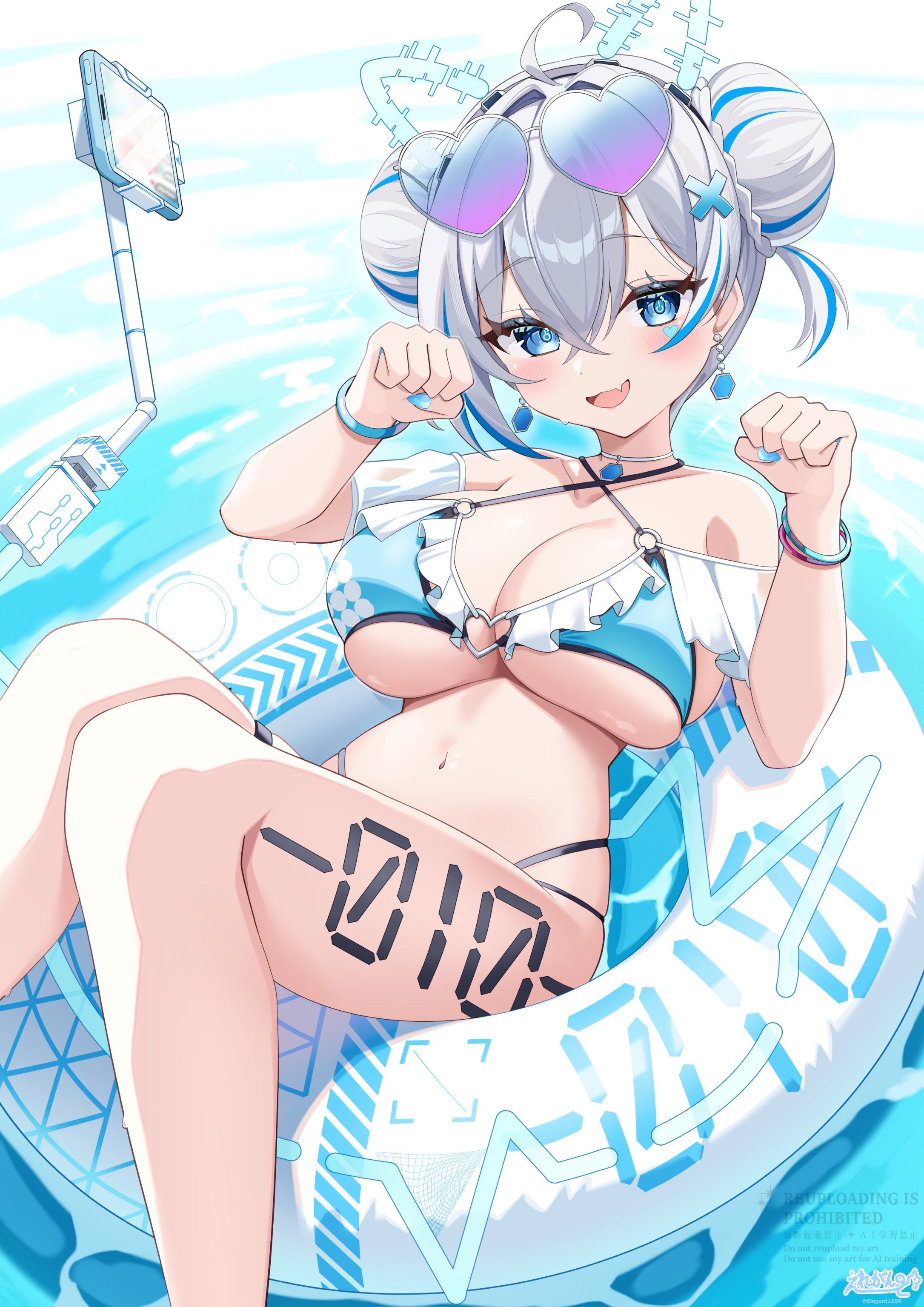 elegant (sumisumi4268), 1girl, animal ears, blue eyes, blue hair, blush, breasts, earrings, fake animal ears, grey hair, groping motion, hair bun, heart, heart-shaped eyewear, hologram, innertube, ipad, jewelry, large breasts, multicolored hair, navel, numbered, smile, sunglasses, swim ring, swimsuit, tablet pc, tattoo, two-tone hair, water