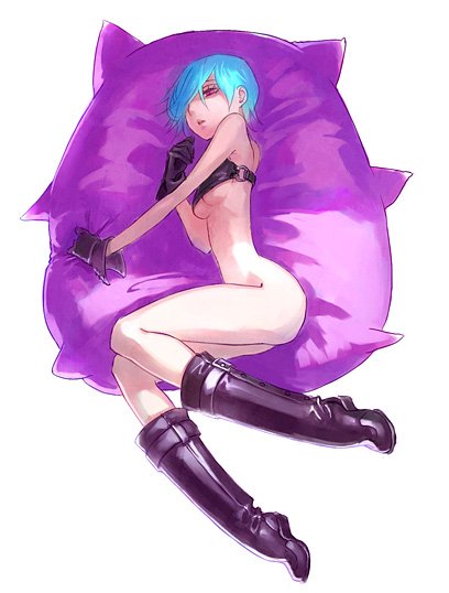 kerokero saito, original, 1girl, blue hair, boots, bottomless, breasts, cushion, female focus, gloves, hair over one eye, purple boots, solo, underboob