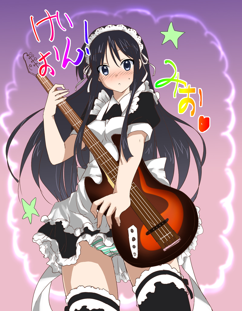 kanu (artist), tenka taihei, akiyama mio, k-on!, translated, 00s, 1girl, :<, alternate costume, bass guitar, black hair, blue eyes, blush, cameltoe, enmaided, female focus, frilled thighhighs, frills, from below, instrument, lingerie, long hair, maid, panties, pantyshot, petticoat, solo, striped clothes, striped panties, thighhighs, underwear, upskirt