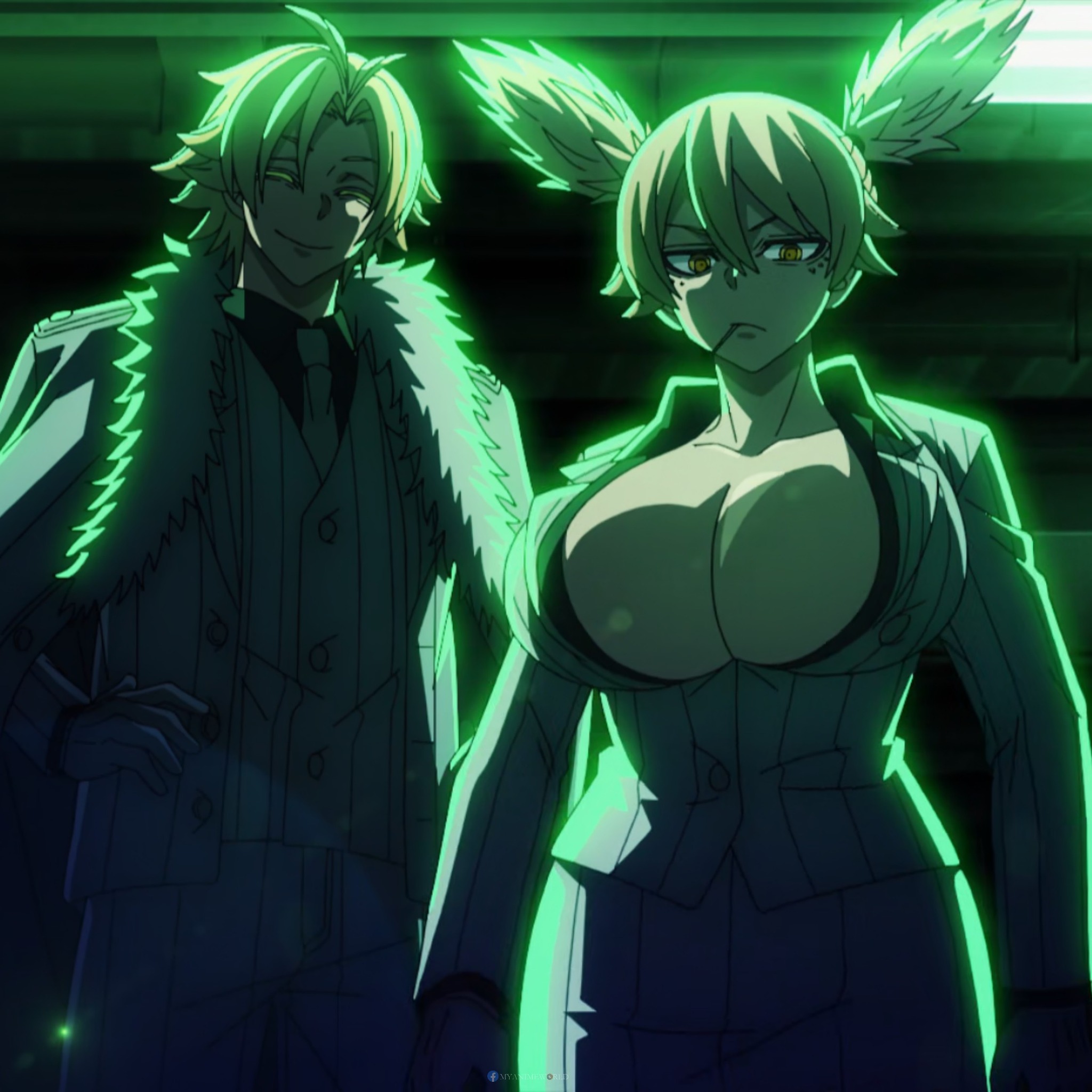 momokusa yomogi, momomiya tsubakiri, tougen anki, highres, 1boy, 1girl, 2025, 20s, :/, bare legs, blonde hair, breasts, buttons, cleavage, closed mouth, cropped legs, curvy, formal clothes, gauntlets, green light, huge breasts, jacket, lollipop in mouth, looking at viewer, neon lights, ryona, serious, shiny skin, short hair, short twintails, skirt, striped clothes, striped jacket, striped skirt, striped suit, suit, twintails, underground, wide hips, yellow eyes