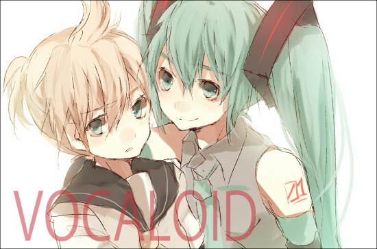 tetsuo (tashirosu), hatsune miku, kagamine len, vocaloid, 1boy, 1girl, blonde hair, detached sleeves, green eyes, green hair, headgear, long hair, looking at viewer, sailor collar, school uniform, serafuku, simple background, tattoo, twintails, upper body, white background
