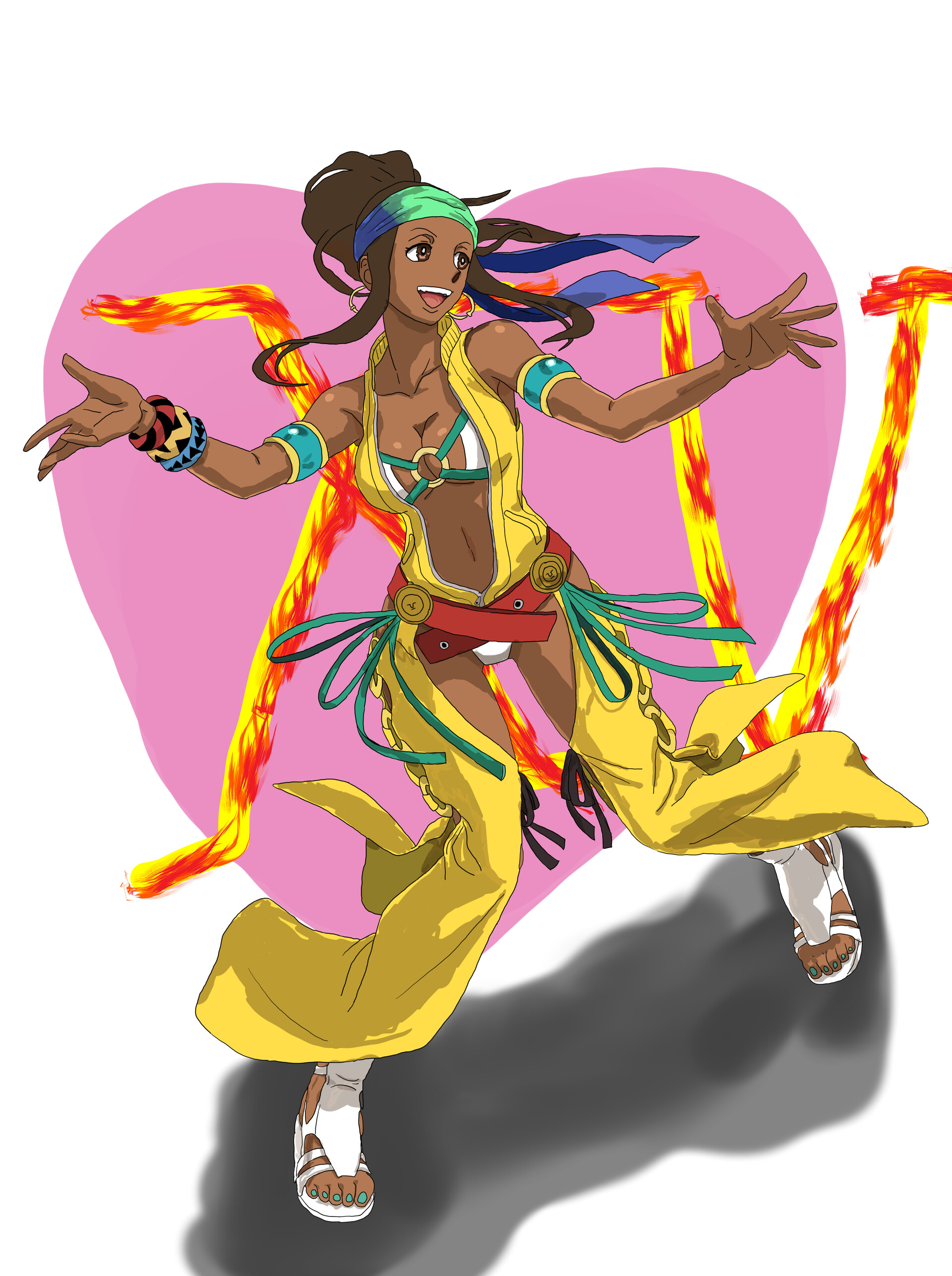 zarina, the king of fighters, absurdres, highres, 1girl, bikini, breasts, brown eyes, brown hair, dancer, dark-skinned female, dark skin, dracocyba01, earrings, feet, female focus, hairband, jewelry, large breasts, long hair, panties, ring, shoes, smile, smiley face, standing, swimsuit, thick thighs, thighs, underwear, white panties, wide hips, yongma lee, yongmalee
