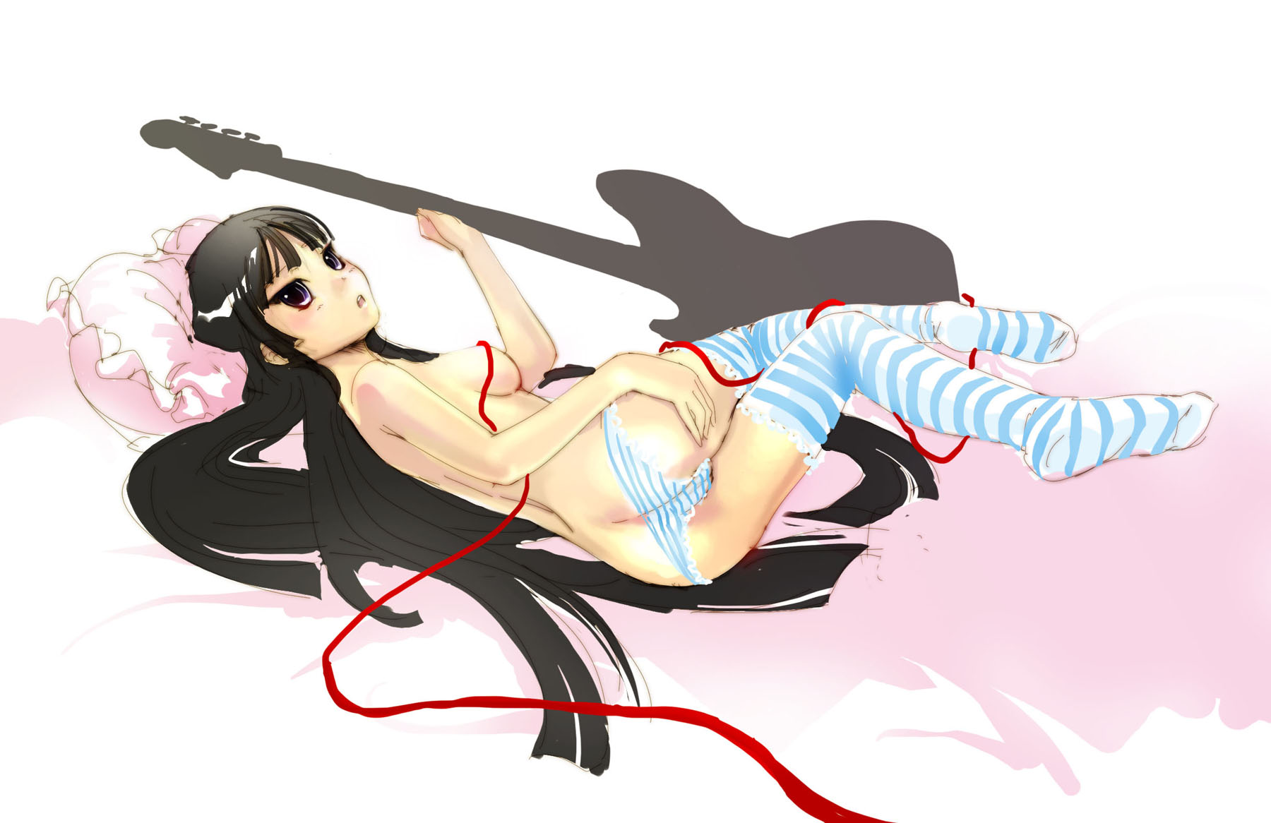 hinoki (studio spiral dust), akiyama mio, k-on!, highres, 00s, 1girl, ass, bass guitar, breasts, butt crack, feet, female focus, full body, instrument, panties, panty pull, pillow, solo, striped clothes, striped panties, striped thighhighs, thighhighs, topless female, underwear