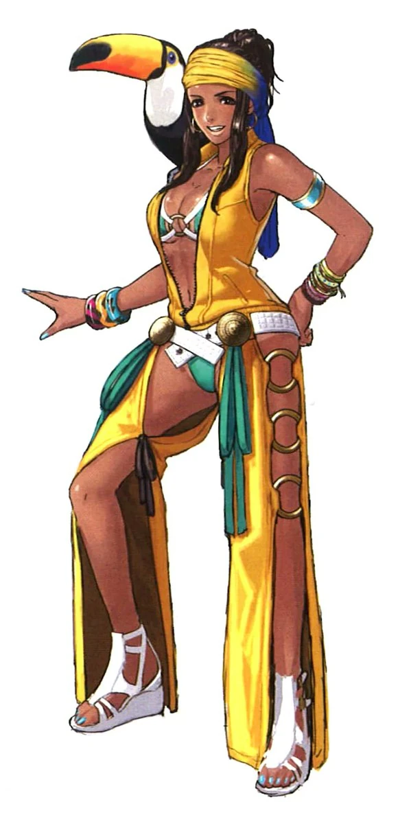 zarina, the king of fighters, highres, 1girl, bikini, breasts, brown eyes, brown hair, curvy, dancer, dark-skinned female, dark skin, earrings, female focus, hairband, jewelry, large breasts, long hair, looking at viewer, panties, ring, shoes, standing, swimsuit, tan, tanline, thick thighs, thighs, underwear