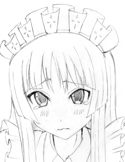 kagome (traumatize), akiyama mio, k-on!, 00s, 1girl, blush, female focus, greyscale, maid, monochrome, simple background, sketch, solo, tears