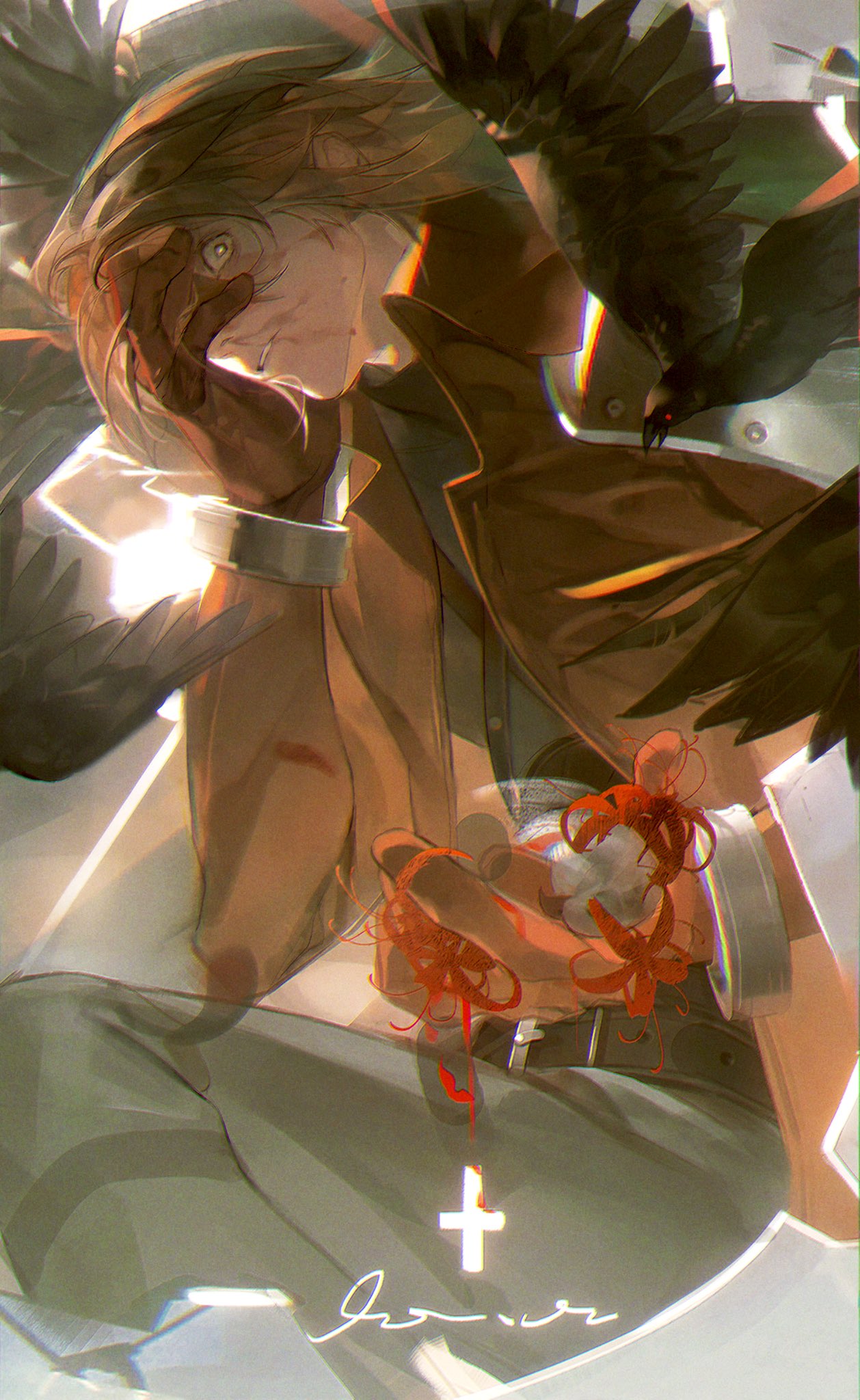 forrbyshin, genesis rhapsodos, crisis core final fantasy vii, final fantasy, final fantasy vii, highres, 1boy, armor, bangle, belt buckle, bird, black bird, bracelet, brown hair, buckle, chest strap, coat, dirty, dirty face, flower, gloves, hair between eyes, hand on own face, holding, holding flower, jewelry, long coat, male focus, parted lips, red coat, red eyes, red flower, red gloves, short hair, shoulder armor, solo, spider lily, upper body, wide-eyed
