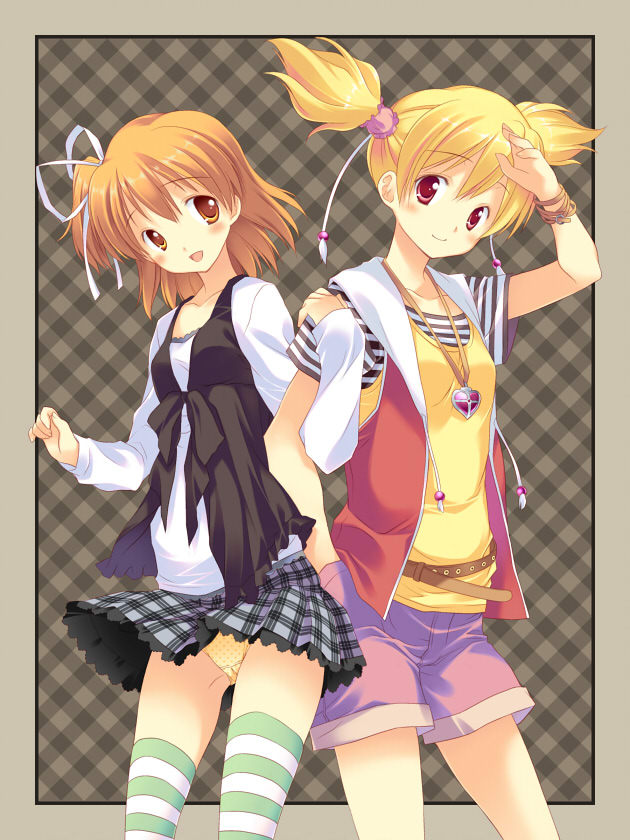 inase shin'ya, momozono love, yamabuki inori, fresh precure!, precure, striped legwear, bad id, bad pixiv id, 00s, 2girls, blonde hair, blush, brown eyes, clothes lift, hair ornament, hair ribbon, heart, jewelry, miniskirt, multiple girls, necklace, open mouth, panties, pantyshot, pink eyes, plaid clothes, plaid skirt, pleated skirt, polka dot, polka dot panties, red eyes, ribbon, short hair, short twintails, shorts, side ponytail, skirt, skirt lift, smile, standing, striped clothes, striped thighhighs, thighhighs, twintails, underwear, wind, wind lift, wristband, yellow eyes, yellow panties