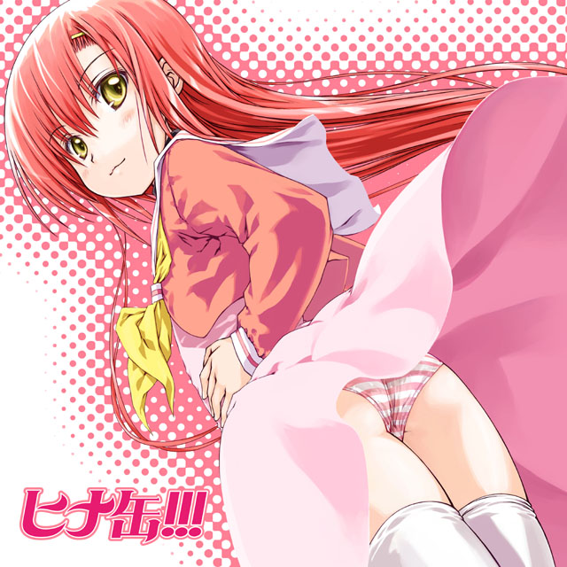 focke wulf, katsura hinagiku, hayate no gotoku!, 00s, 1girl, female focus, long hair, looking back, panties, pink hair, school uniform, serafuku, solo, striped clothes, striped panties, thighhighs, underwear, wind, wind lift, yellow eyes