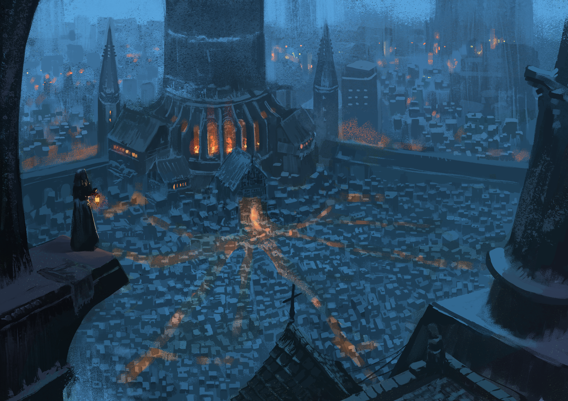 fujidora jp, original, commentary request, highres, 1girl, black dress, black veil, building, city, cross, dress, from behind, holding, holding lantern, lantern, long sleeves, night, outdoors, scenery, solo, standing, tower, veil, wide shot