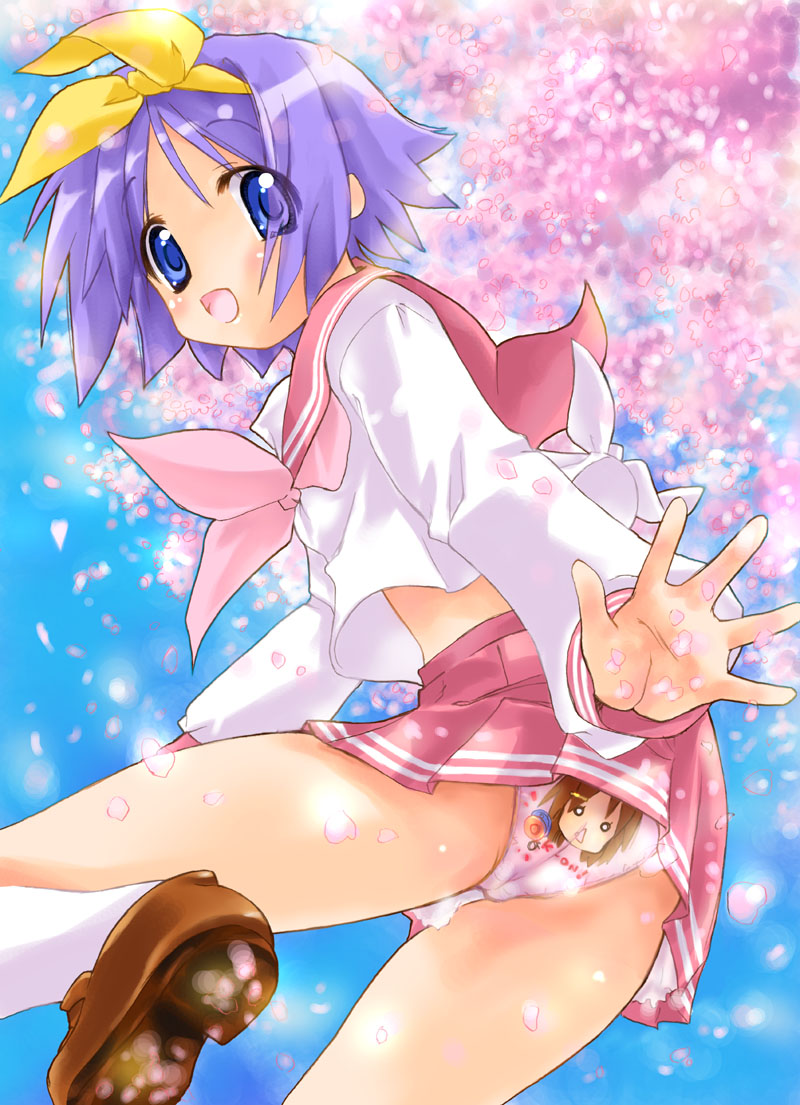 nyanmilla, hiiragi tsukasa, hirasawa yui, k-on!, lucky star, 00s, 1girl, blue eyes, cameo, cherry blossoms, clothes writing, female focus, hair ribbon, panties, pantyshot, print panties, purple hair, ribbon, school uniform, serafuku, solo, underwear, upskirt