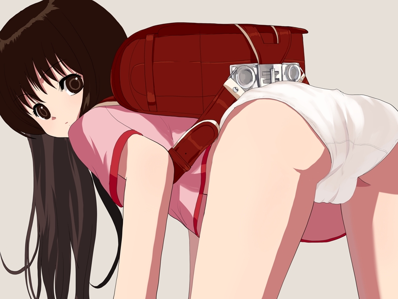 natori (natorism), 1girl, all fours, ass, backpack, bag, cameltoe, female focus, loli, long hair, looking back, panties, randoseru, simple background, solo, underwear
