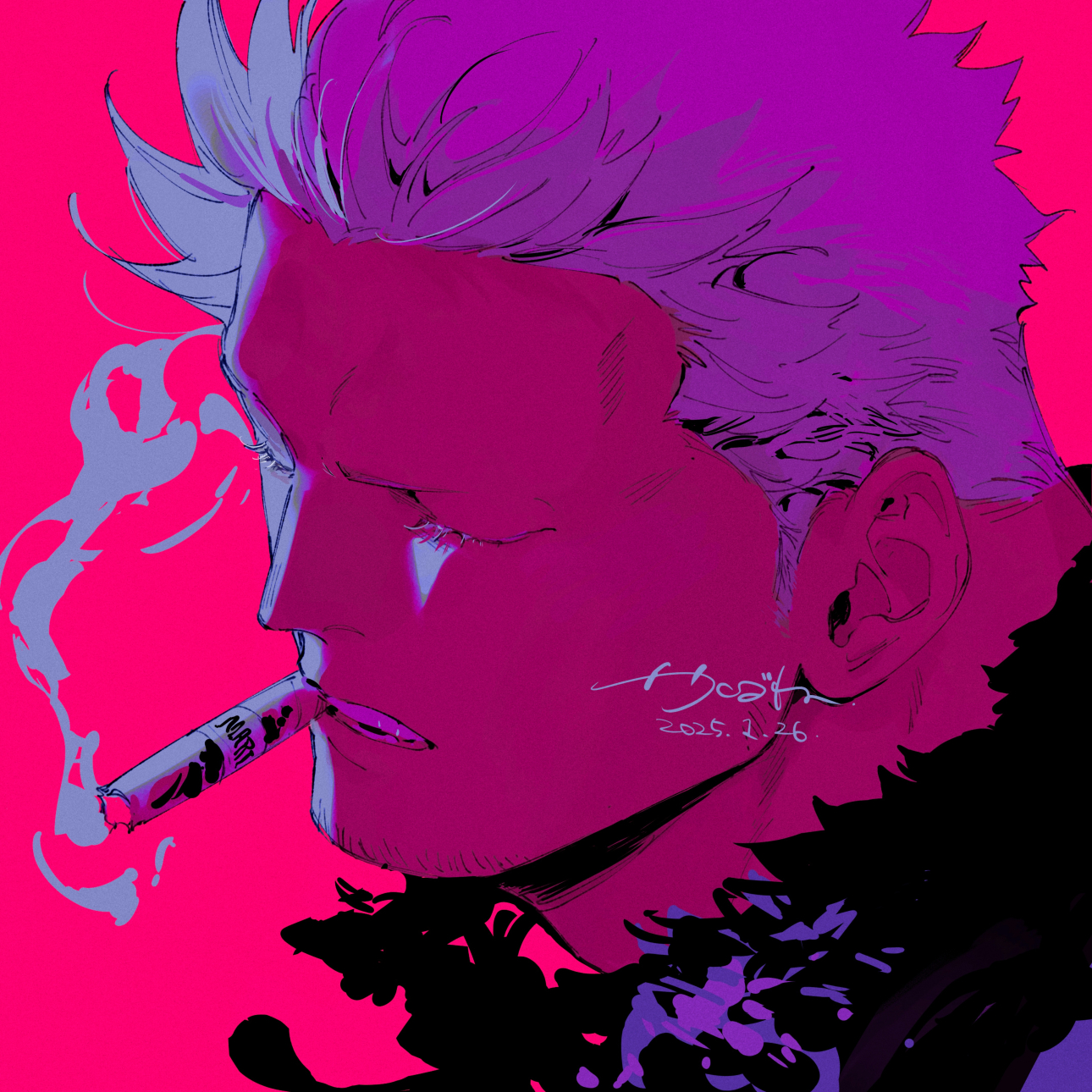 kabane (rjev8385), smoker (one piece), one piece, commentary request, highres, 1boy, cigar, closed eyes, dated, eyelashes, fur trim, male focus, mouth hold, parted lips, pink background, portrait, short hair, signature, simple background, smoke, smoke trail, smoking, solo, teeth, white hair