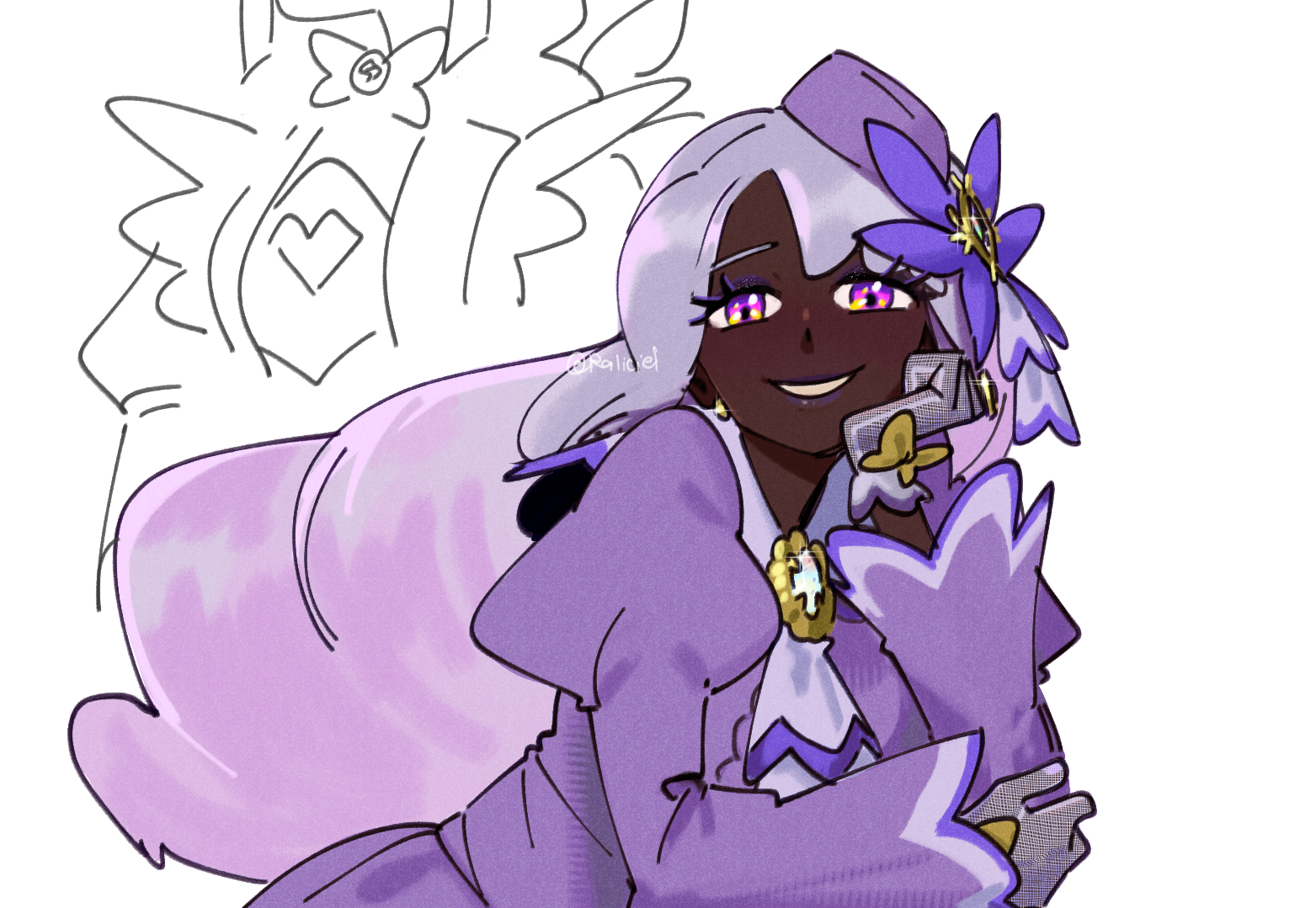 raliciel, jacinthe (pokemon), lebanne (pokemon), nintendo, pokemon, pokemon legends: z-a, commentary, english commentary, 2girls, dark skin, dress, gloves, grey gloves, hat, head rest, long hair, multiple girls, pink hair, purple dress, purple eyes, purple hat, signature, smile, tilted headwear, very dark skin, very long hair