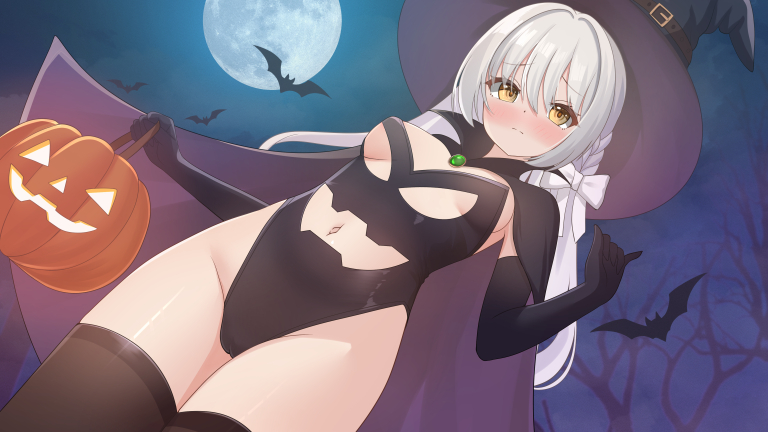 nc731, miyo (blue archive), blue archive, commentary request, paid reward available, 1girl, bare tree, bat (animal), black cape, black gloves, black hat, black leotard, black thighhighs, blush, breasts, cape, closed mouth, clothing cutout, cowboy shot, elbow gloves, full moon, gloves, grey hair, groin, halloween, halloween bucket, hat, highleg, highleg leotard, leotard, long hair, looking at viewer, medium breasts, moon, navel, navel cutout, night, outdoors, purple cape, solo, thighhighs, tree, two-sided cape, two-sided fabric, underboob, witch hat, yellow eyes
