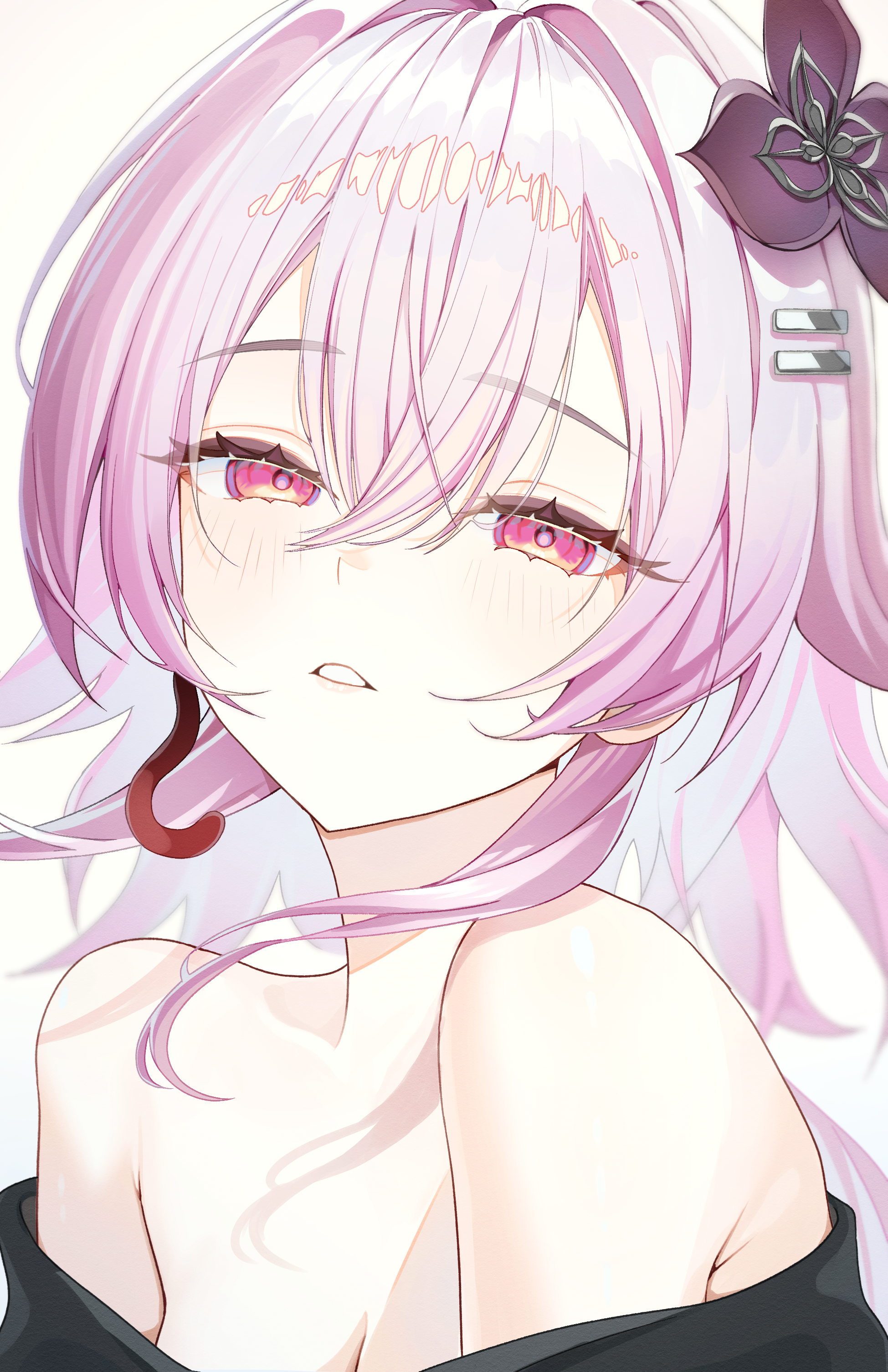 habi (kyuri 318), evernight (honkai: star rail), march 7th (honkai: star rail), honkai: star rail, honkai (series), absurdres, commentary, highres, 1girl, bare shoulders, black shirt, breasts, cleavage, earrings, flower, hair flower, hair ornament, jewelry, looking at viewer, medium breasts, medium hair, pink hair, red eyes, shirt, simple background, solo, upper body, white background
