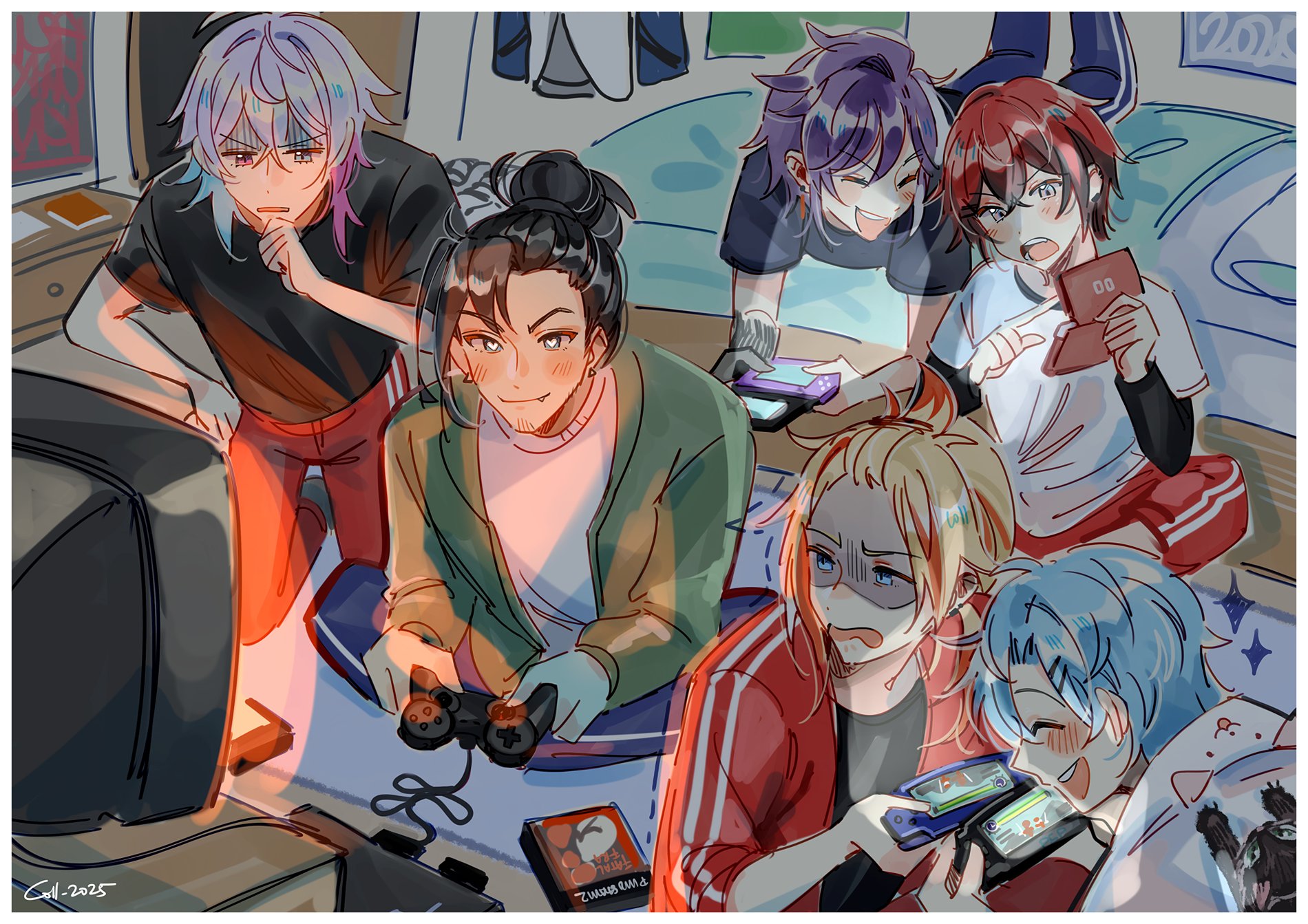coll (erichankun), axel syrios, banzoin hakka, gavis bettel, josuiji shinri, machina x flayon, regis altare, holostars, holostars english, holotempus, highres, 2025, 6+boys, bangs pinned back, bed, black hair, black shirt, blonde hair, cat, controller, earrings, game boy advance, game console, game controller, hair between eyes, hair bun, hair ornament, hairclip, hand on own chin, handheld game console, heart, heart in eye, heterochromia, indian style, jewelry, layered sleeves, long sleeves, multicolored hair, multiple boys, nintendo ds, open mouth, playing games, playstation 2, purple hair, red hair, shirt, short over long sleeves, short sleeves, signature, sitting, smile, streaked hair, symbol in eye, television, virtual youtuber, white hair