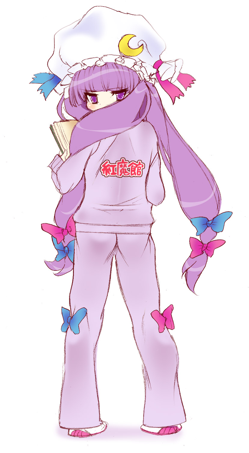 dei shirou, patchouli knowledge, touhou, highres, 1girl, alternate costume, book, bow, casual, female focus, hat, long hair, looking back, pink bow, purple eyes, purple hair, simple background, sketch, solo, white background