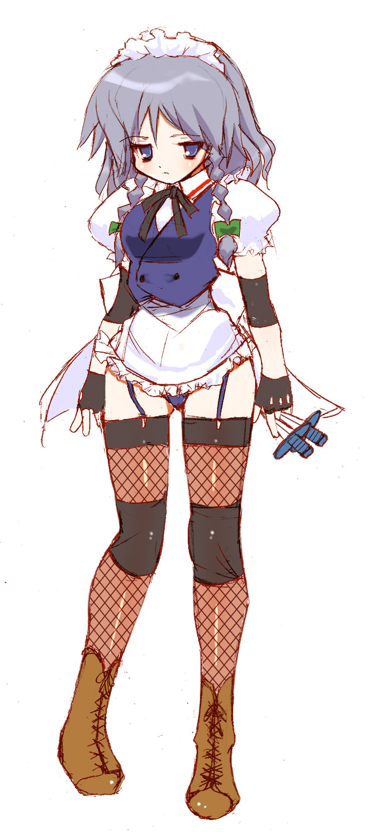 dei shirou, izayoi sakuya, touhou, silver hair, highres, 1girl, alternate costume, apron, boots, braid, elbow pads, female focus, fingerless gloves, fishnet thighhighs, fishnets, garter belt, garter straps, gloves, hairband, knee pads, knife, short hair, sketch, solo, thighhighs, twin braids